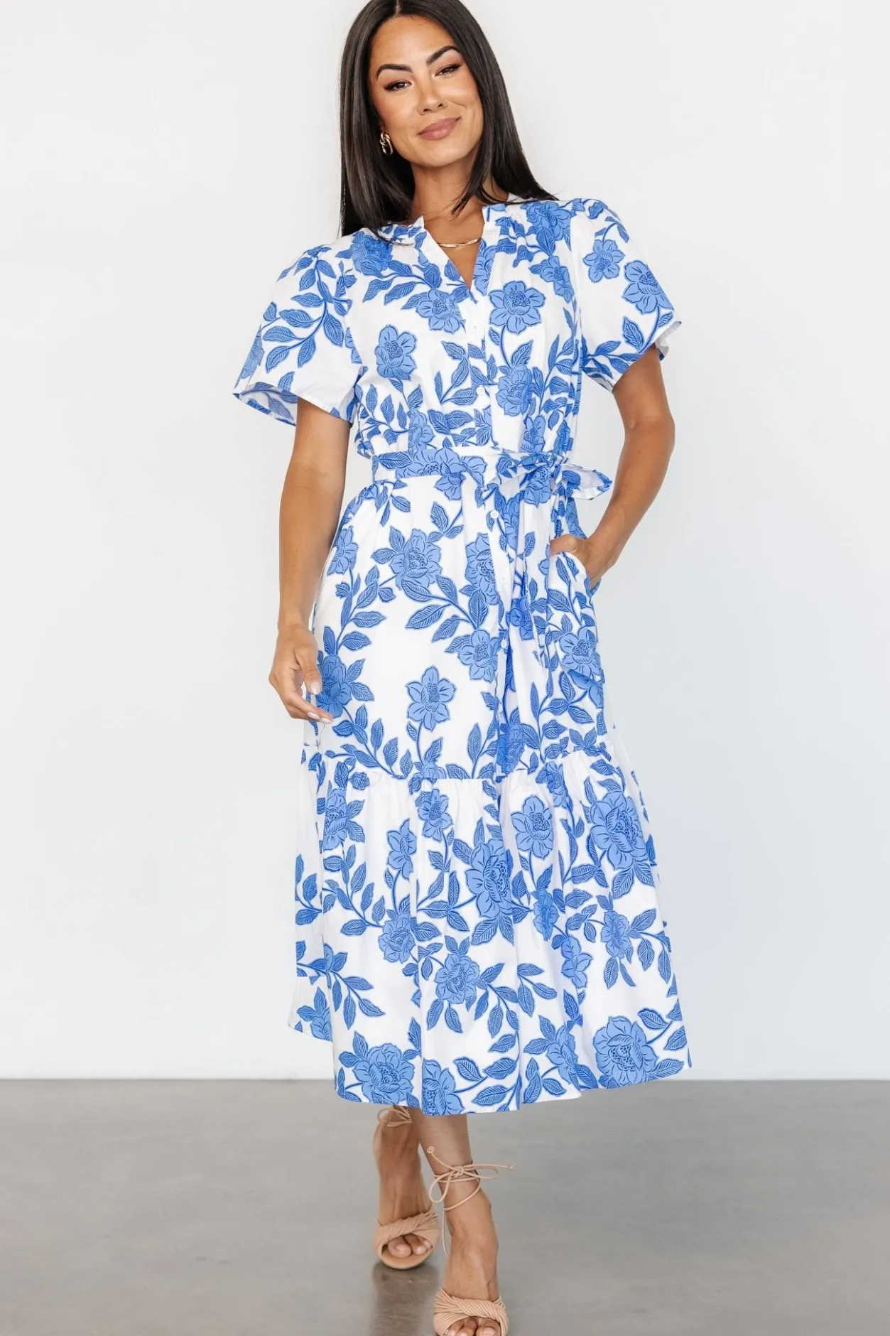 Online Baltic Born Lydie Button Midi Dress | White + Blue White+Blue