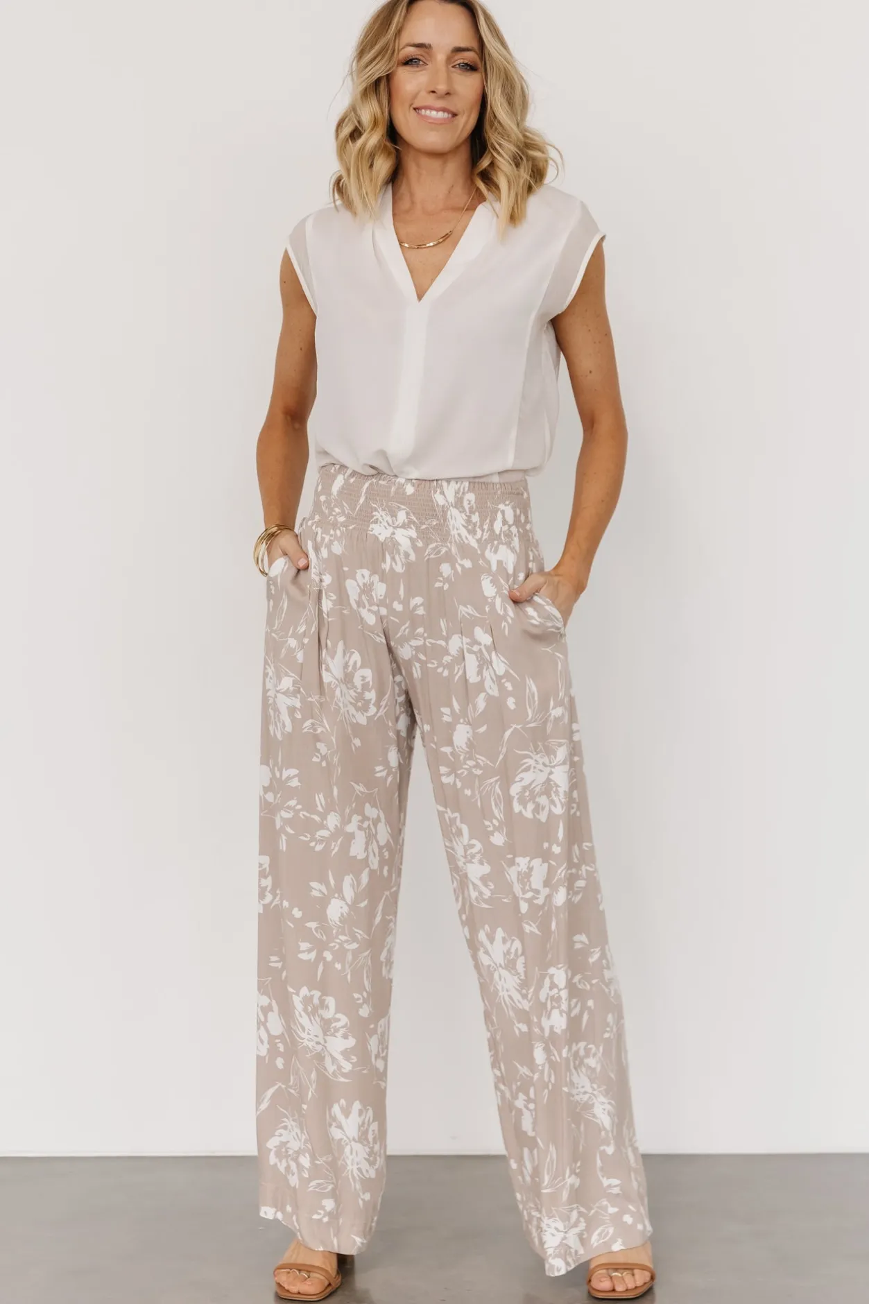 Sale Baltic Born Malta Smocked Waist Pants | Sand + White Sand+White