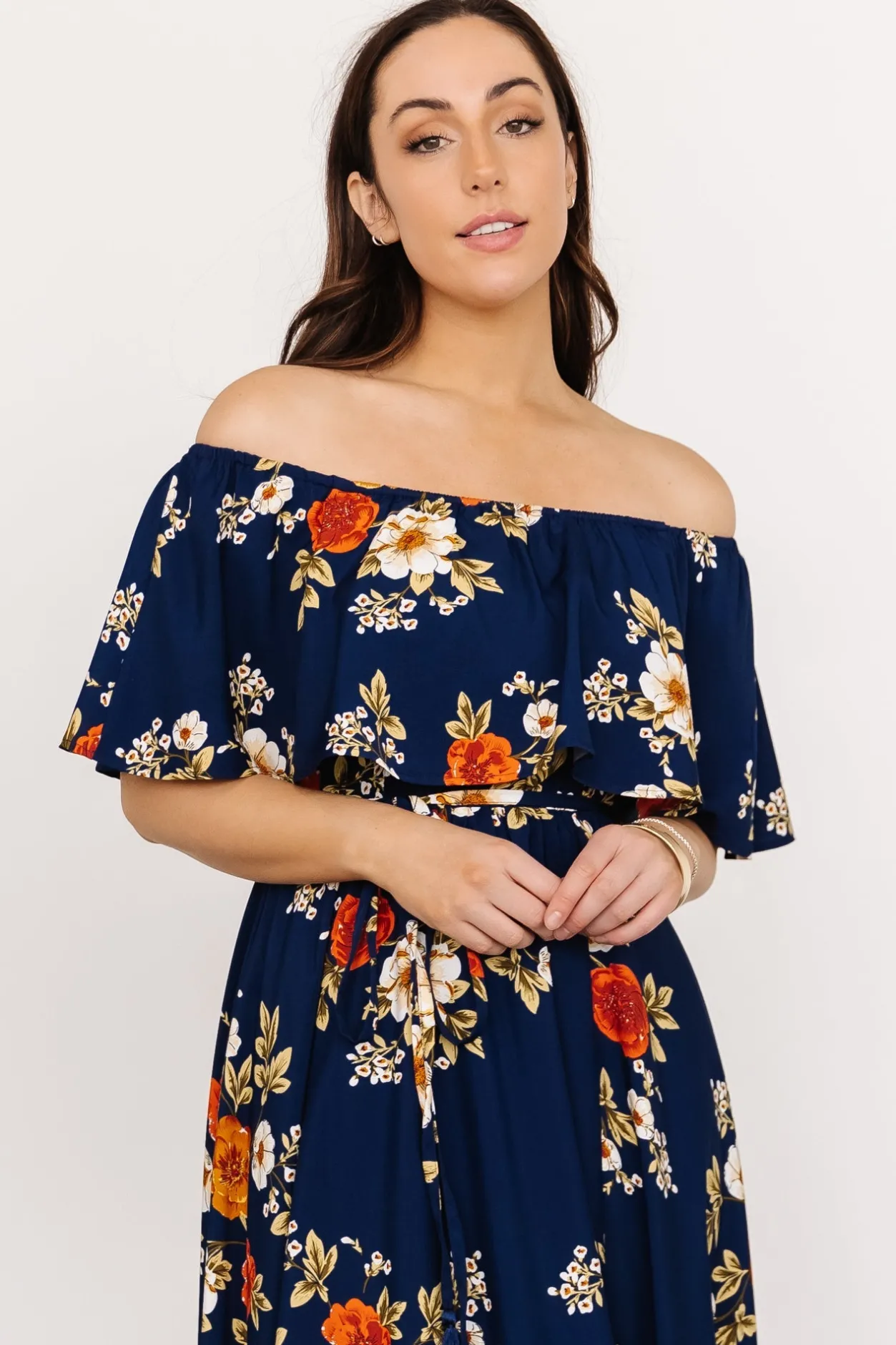 New Baltic Born Marley Off Shoulder Maxi Dress | Navy Floral NavyFloral