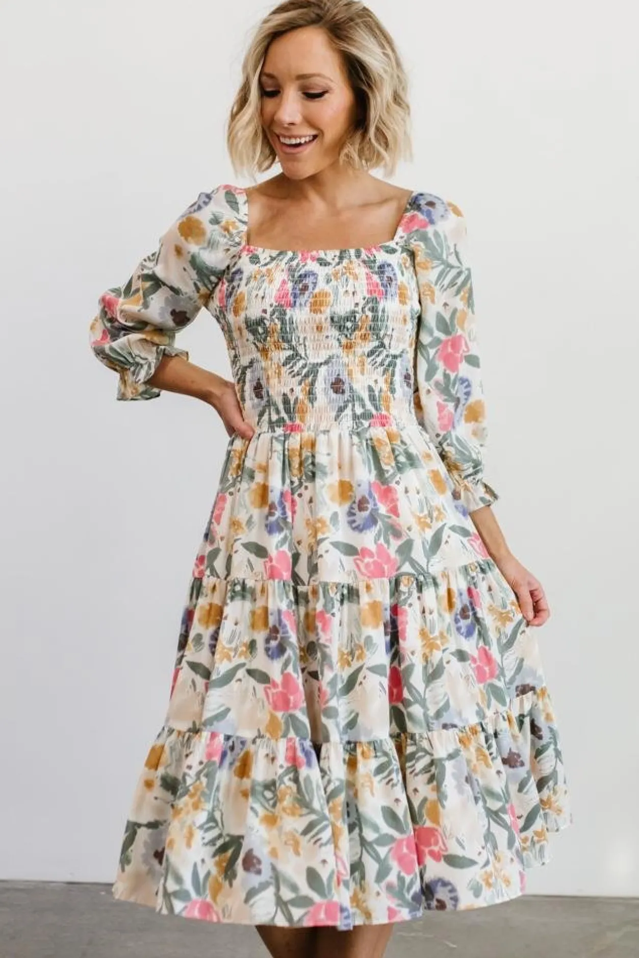 New Baltic Born Marta Smocked Midi Dress | Multi Floral MultiFloral