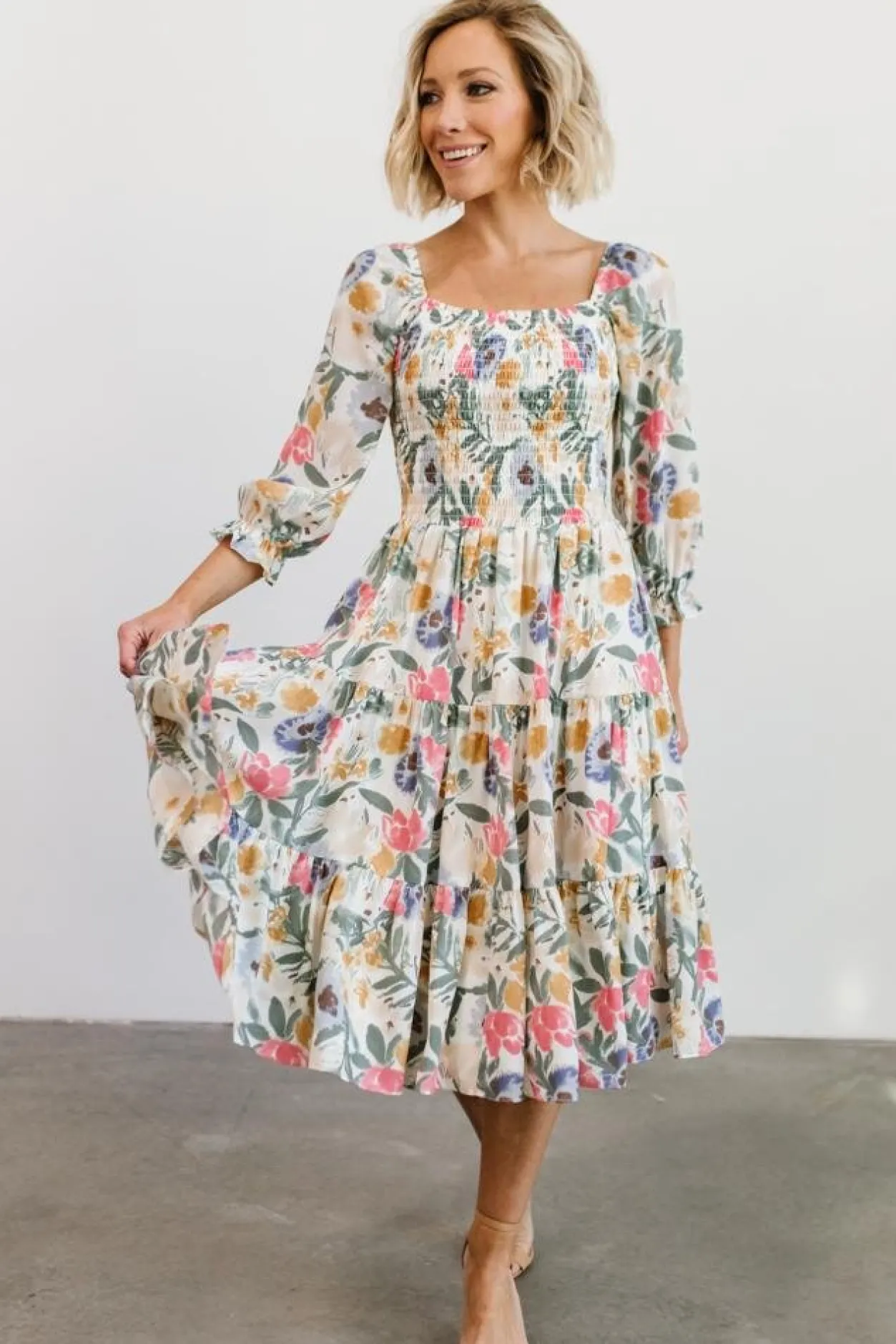 New Baltic Born Marta Smocked Midi Dress | Multi Floral MultiFloral