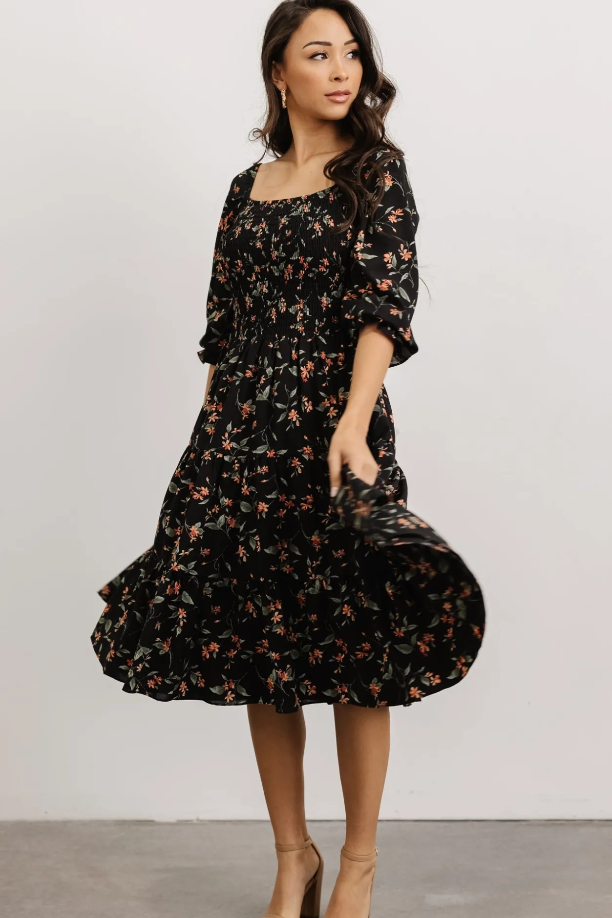 Discount Baltic Born Marta Smocked Midi Dress | Black Floral BlackFloral