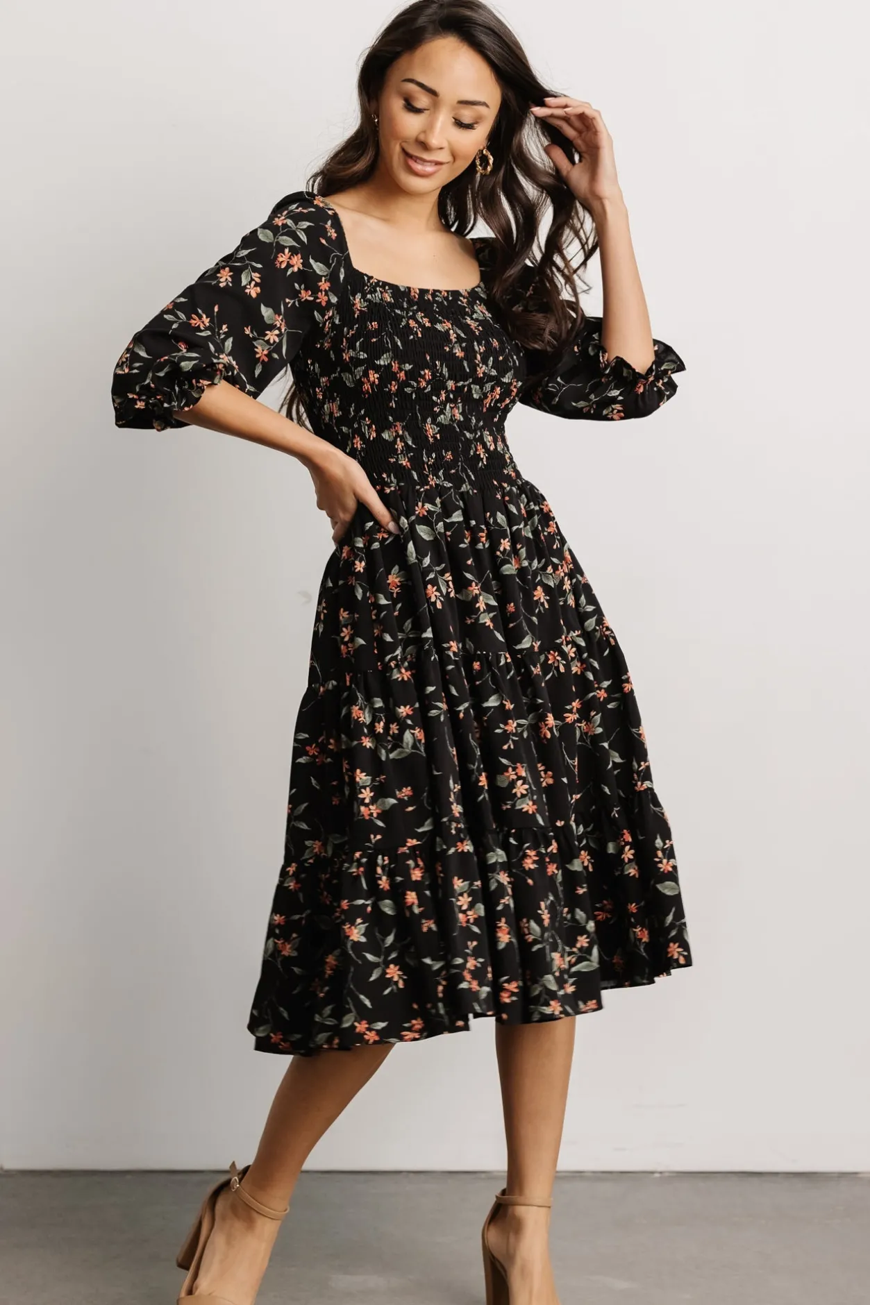 Discount Baltic Born Marta Smocked Midi Dress | Black Floral BlackFloral