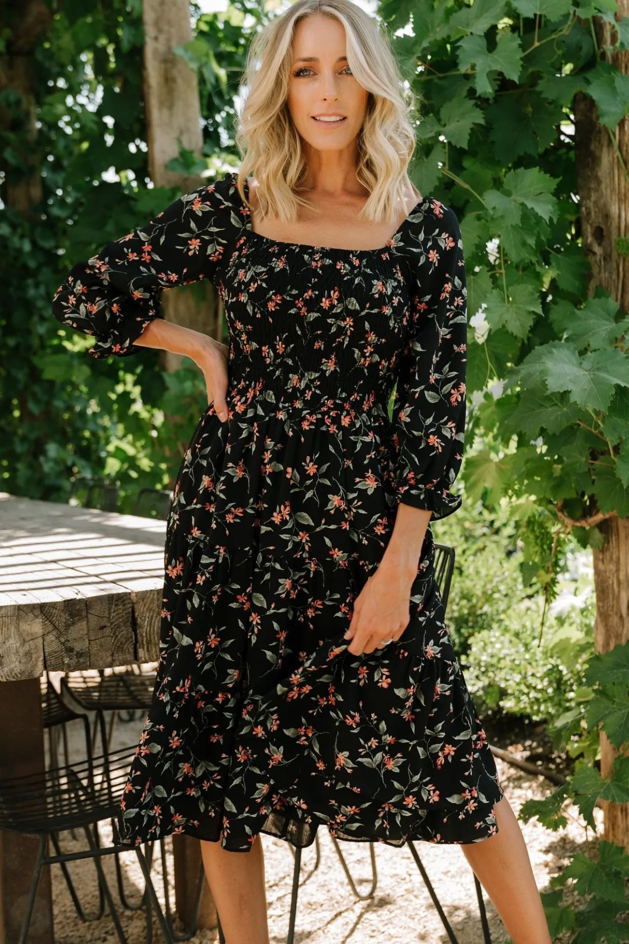 Discount Baltic Born Marta Smocked Midi Dress | Black Floral BlackFloral