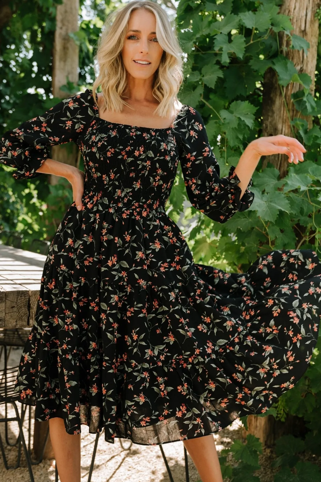 Discount Baltic Born Marta Smocked Midi Dress | Black Floral BlackFloral