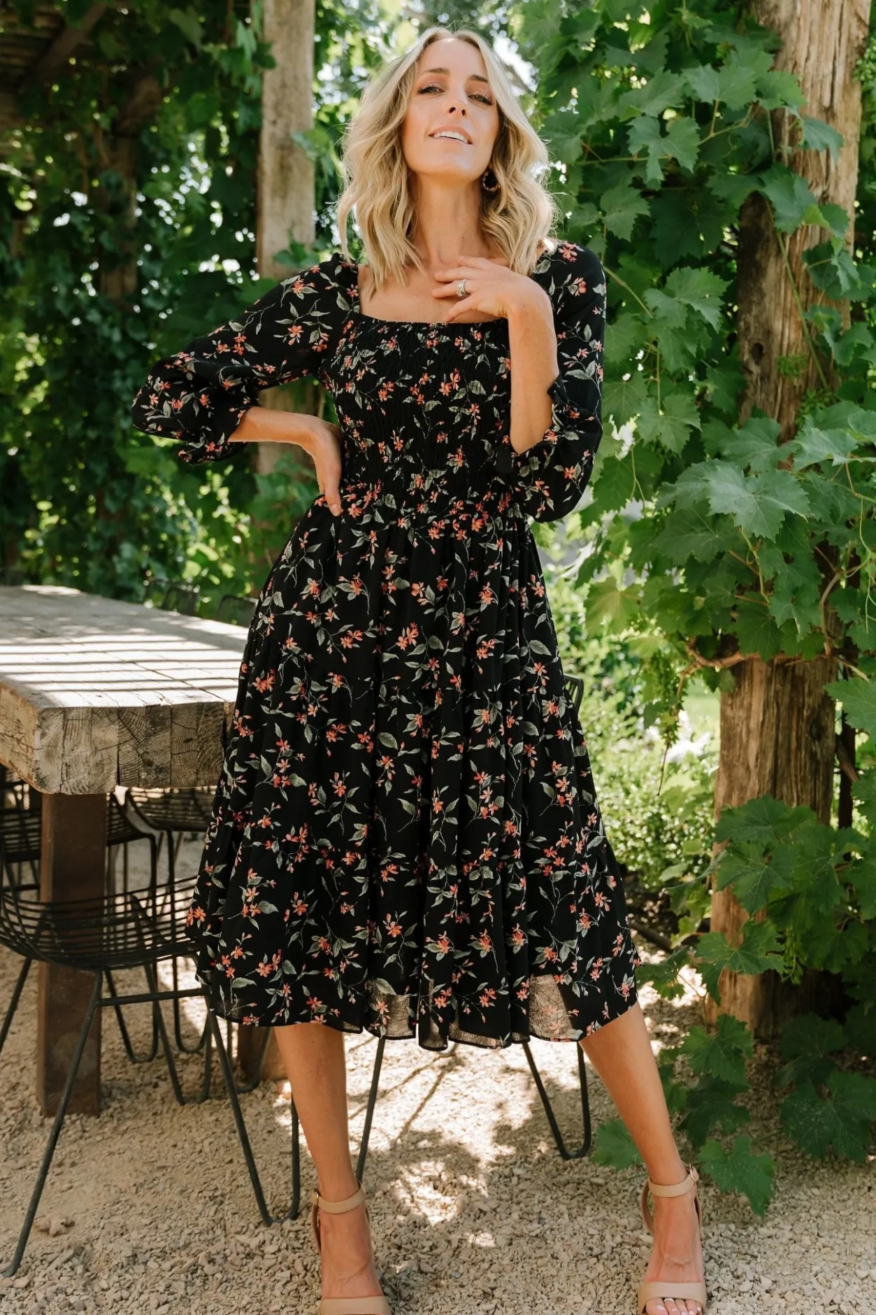 Discount Baltic Born Marta Smocked Midi Dress | Black Floral BlackFloral