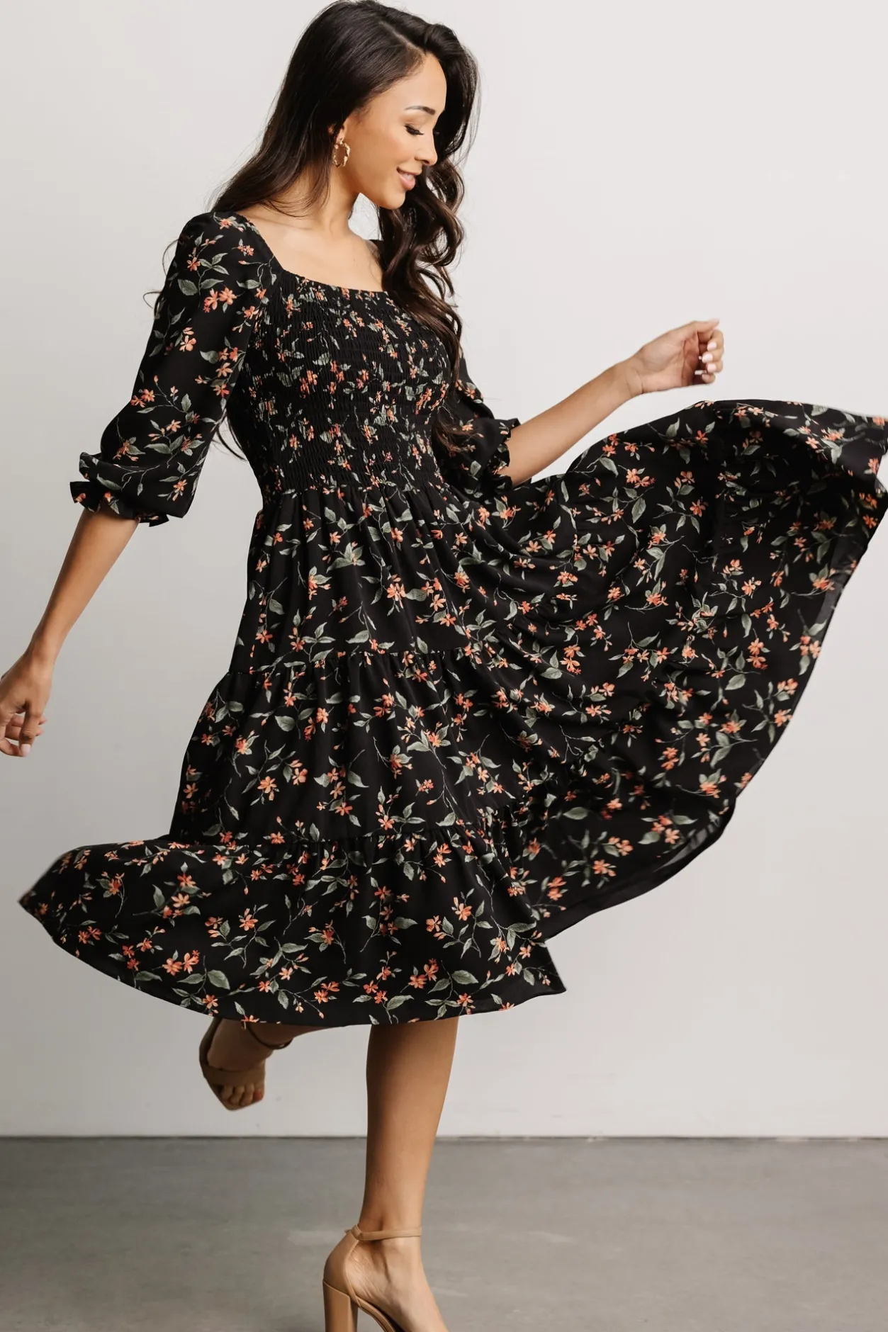 Discount Baltic Born Marta Smocked Midi Dress | Black Floral BlackFloral
