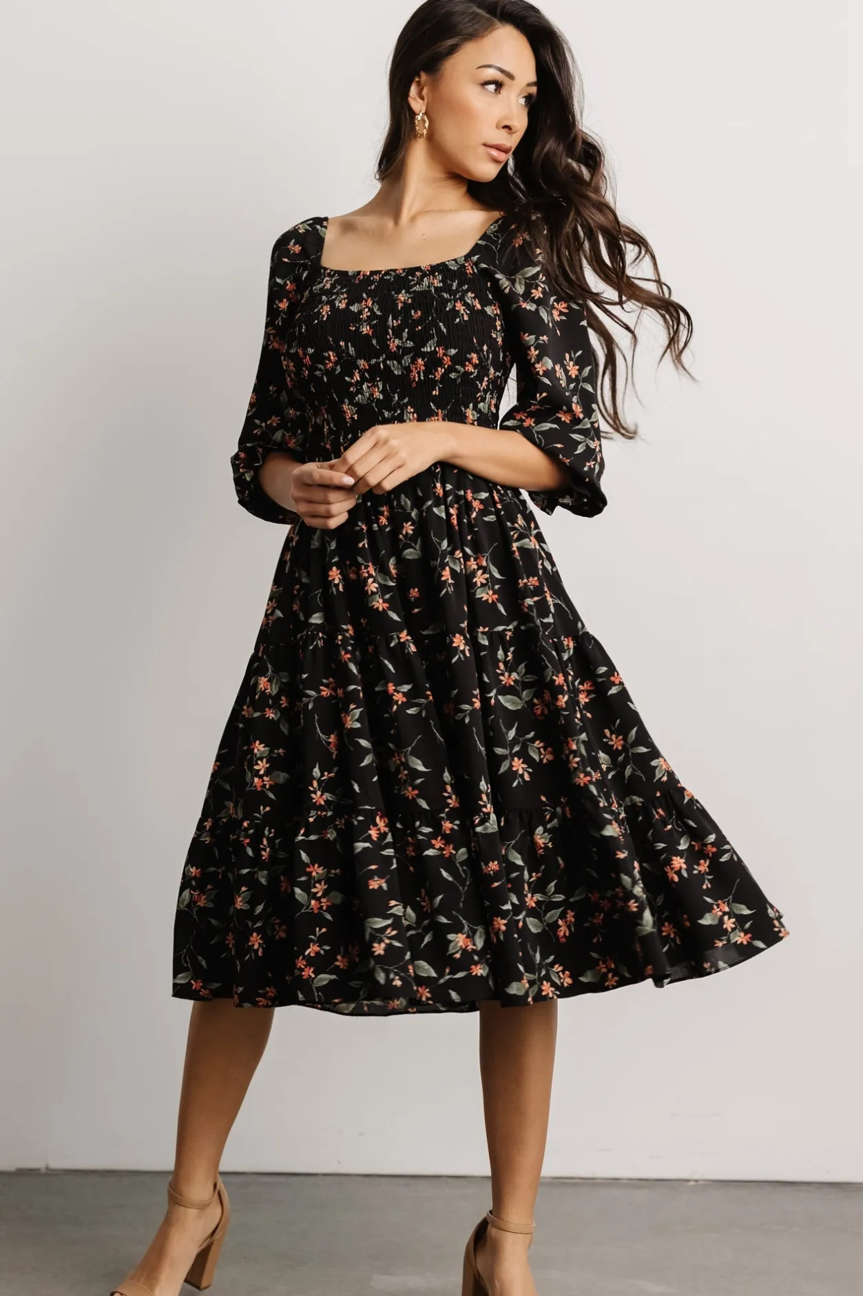 Discount Baltic Born Marta Smocked Midi Dress | Black Floral BlackFloral