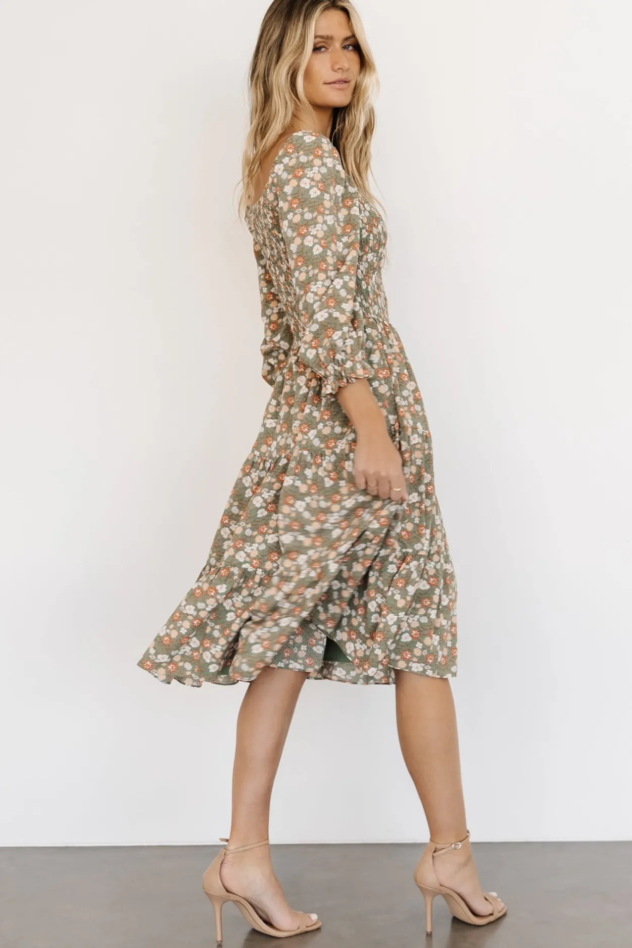 Online Baltic Born Marta Smocked Midi Dress | Dusty Olive Floral DustyOliveFloral