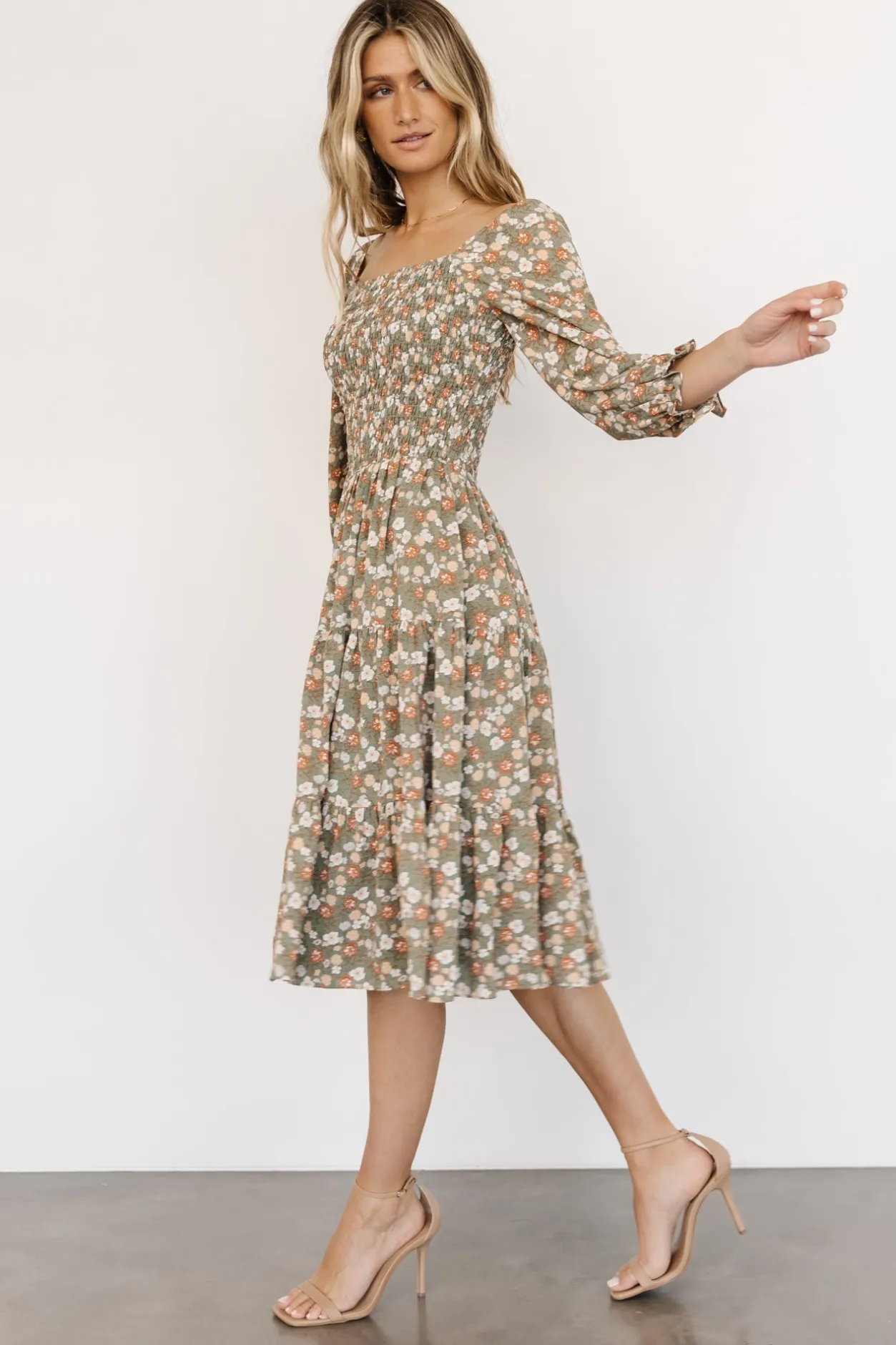 Online Baltic Born Marta Smocked Midi Dress | Dusty Olive Floral DustyOliveFloral