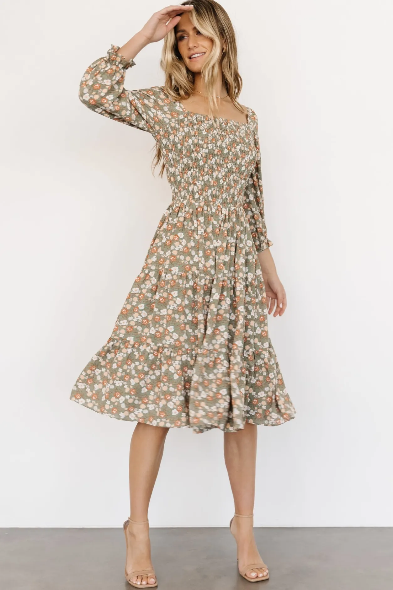 Online Baltic Born Marta Smocked Midi Dress | Dusty Olive Floral DustyOliveFloral