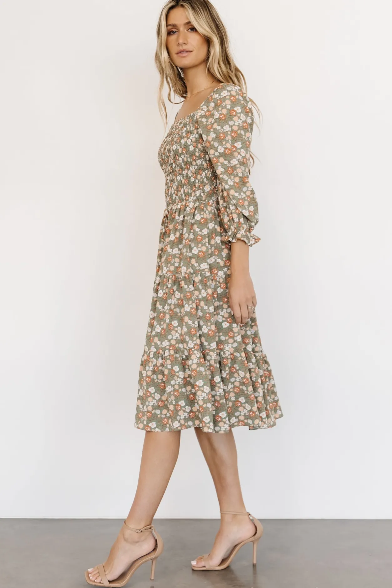 Online Baltic Born Marta Smocked Midi Dress | Dusty Olive Floral DustyOliveFloral