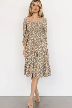 Online Baltic Born Marta Smocked Midi Dress | Dusty Olive Floral DustyOliveFloral