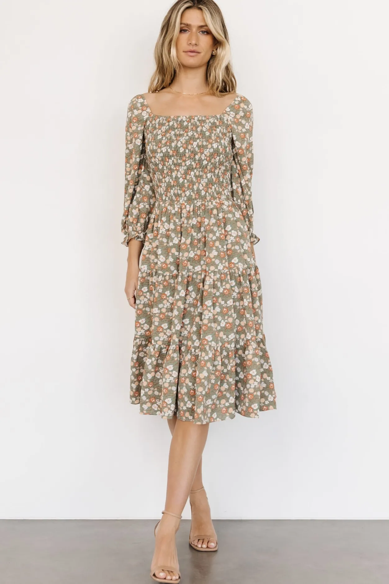 Online Baltic Born Marta Smocked Midi Dress | Dusty Olive Floral DustyOliveFloral