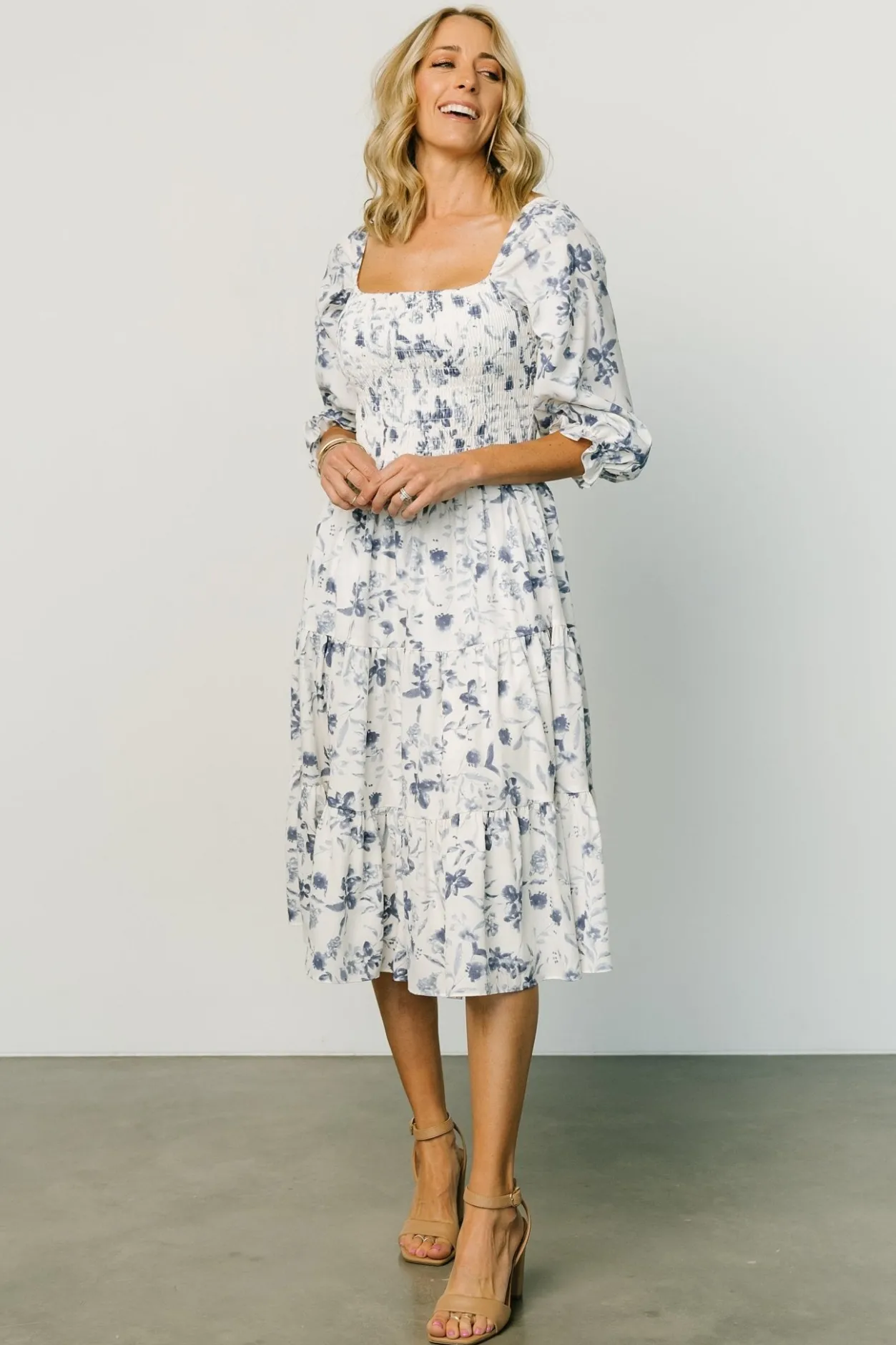 Best Baltic Born Marta Smocked Midi Dress | White + Blue White+Blue