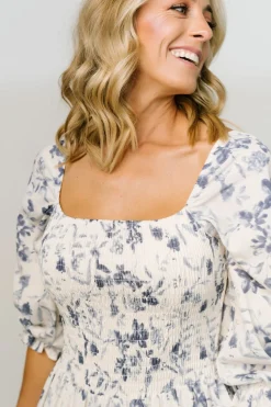 Best Baltic Born Marta Smocked Midi Dress | White + Blue White+Blue