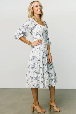 Best Baltic Born Marta Smocked Midi Dress | White + Blue White+Blue