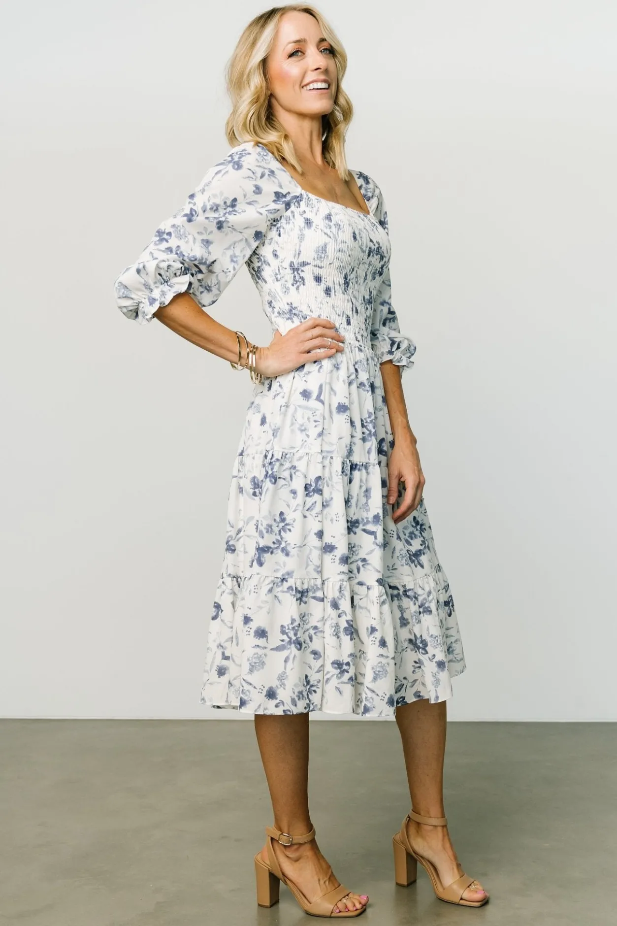 Best Baltic Born Marta Smocked Midi Dress | White + Blue White+Blue