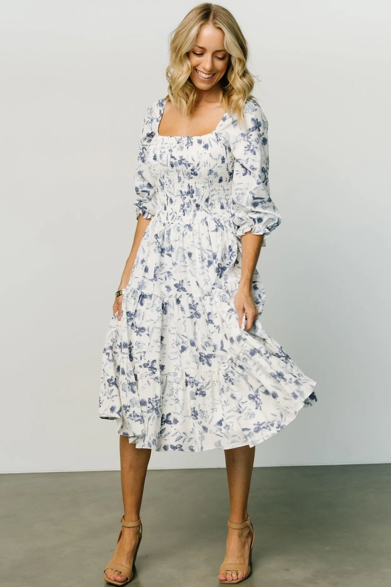 Best Baltic Born Marta Smocked Midi Dress | White + Blue White+Blue