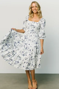 Best Baltic Born Marta Smocked Midi Dress | White + Blue White+Blue
