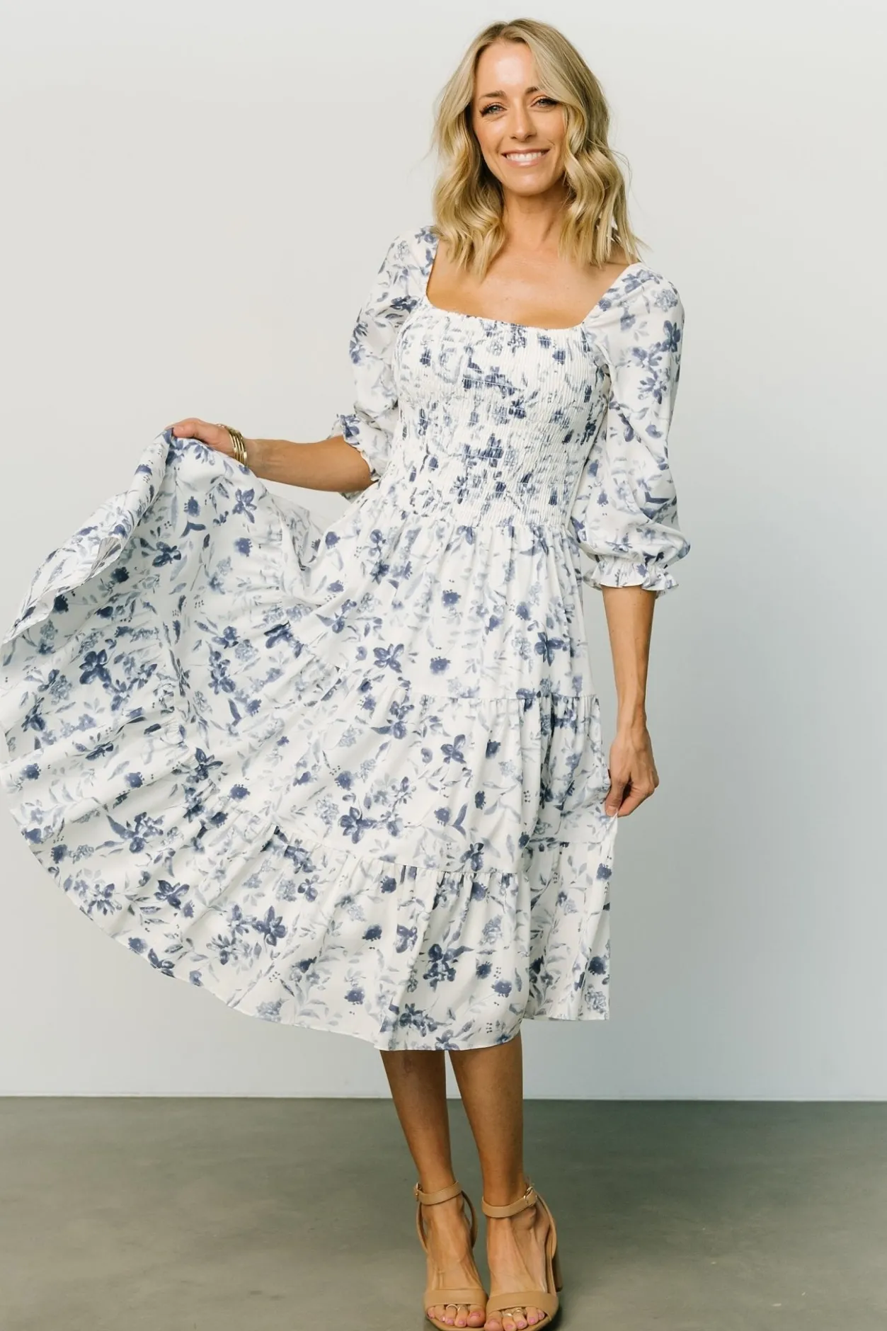 Best Baltic Born Marta Smocked Midi Dress | White + Blue White+Blue