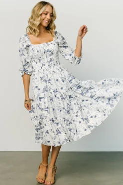 Best Baltic Born Marta Smocked Midi Dress | White + Blue White+Blue