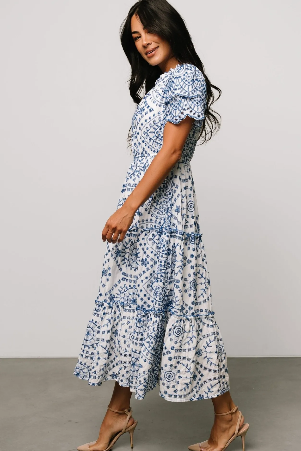 New Baltic Born Mirabel Eyelet Midi Dress | White + Blue White+Blue