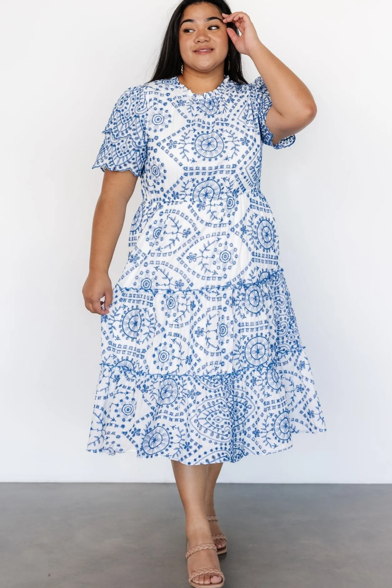 New Baltic Born Mirabel Eyelet Midi Dress | White + Blue White+Blue
