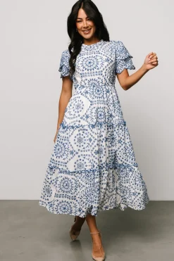 New Baltic Born Mirabel Eyelet Midi Dress | White + Blue White+Blue