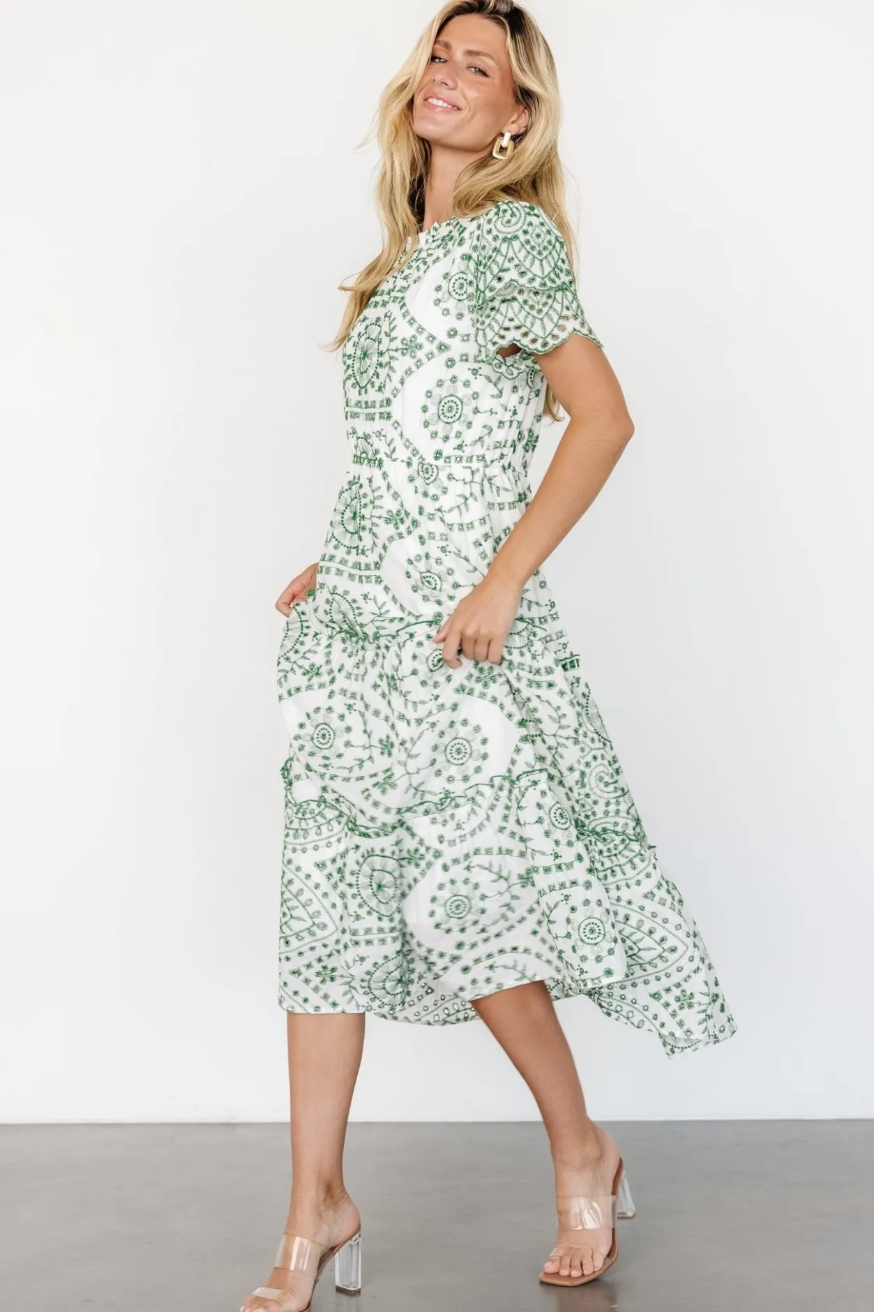 Best Baltic Born Mirabel Eyelet Midi Dress | White + Green White+Green