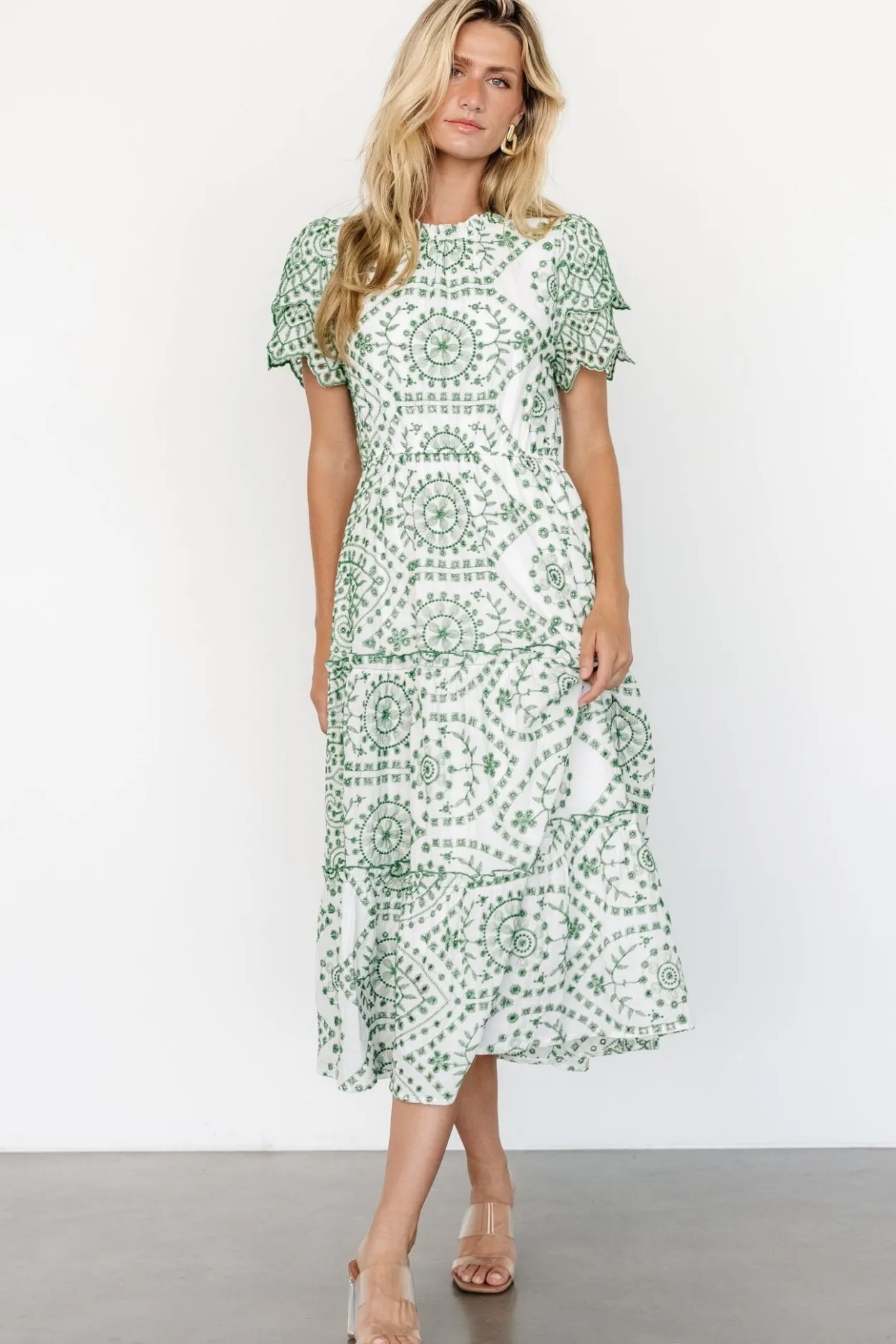 Best Baltic Born Mirabel Eyelet Midi Dress | White + Green White+Green