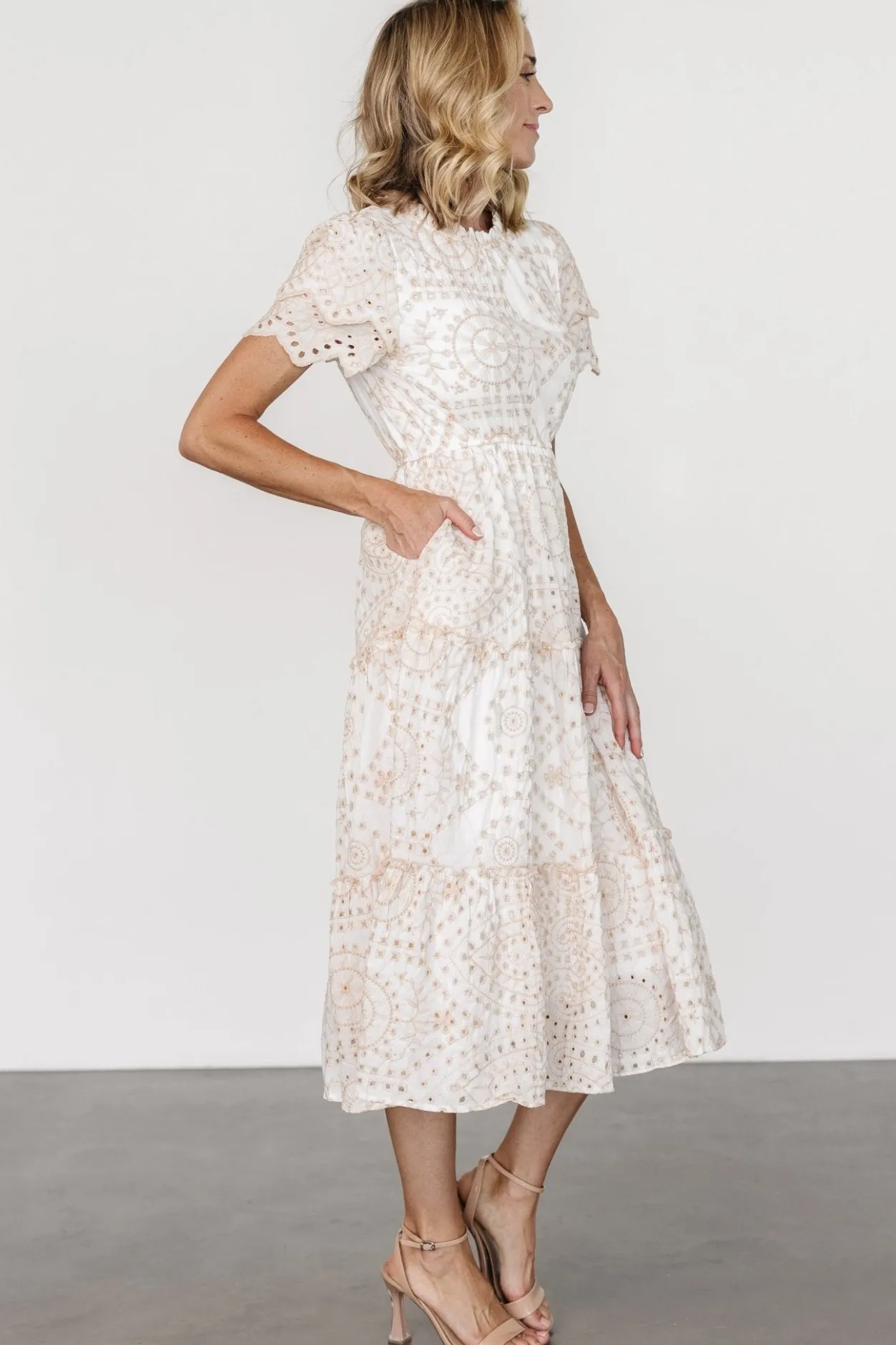 New Baltic Born Mirabel Eyelet Midi Dress | White + Natural White+Natural