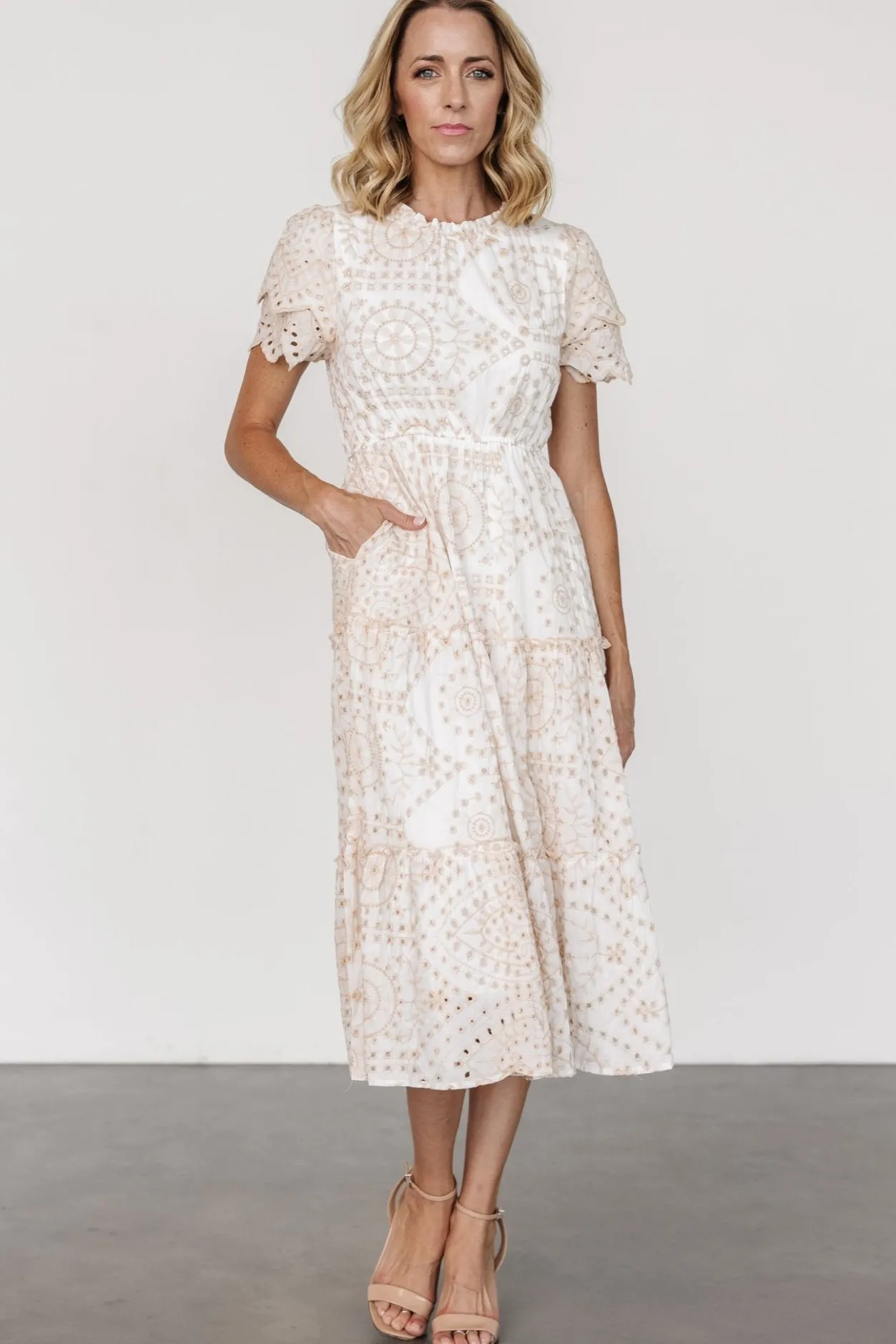New Baltic Born Mirabel Eyelet Midi Dress | White + Natural White+Natural