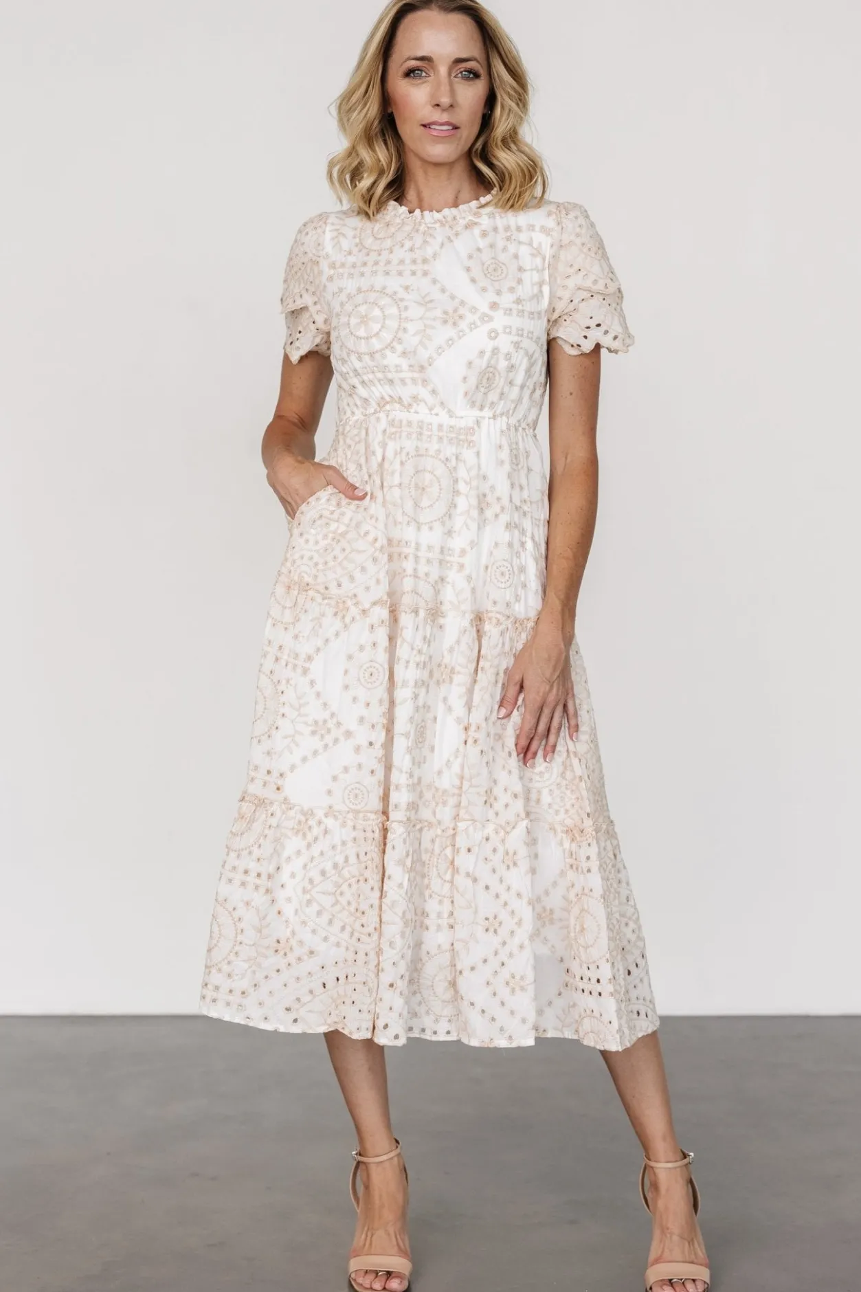 New Baltic Born Mirabel Eyelet Midi Dress | White + Natural White+Natural