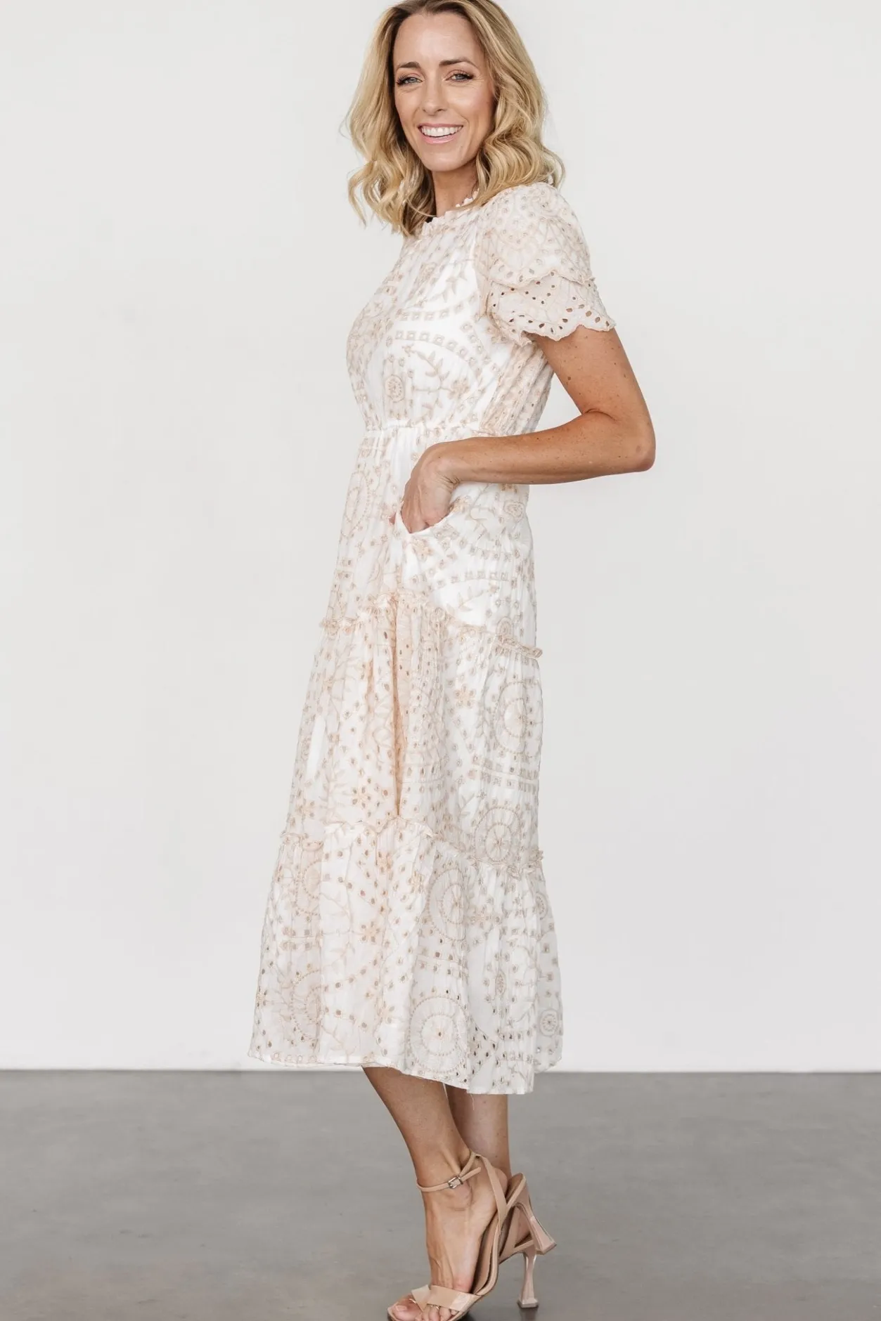 New Baltic Born Mirabel Eyelet Midi Dress | White + Natural White+Natural