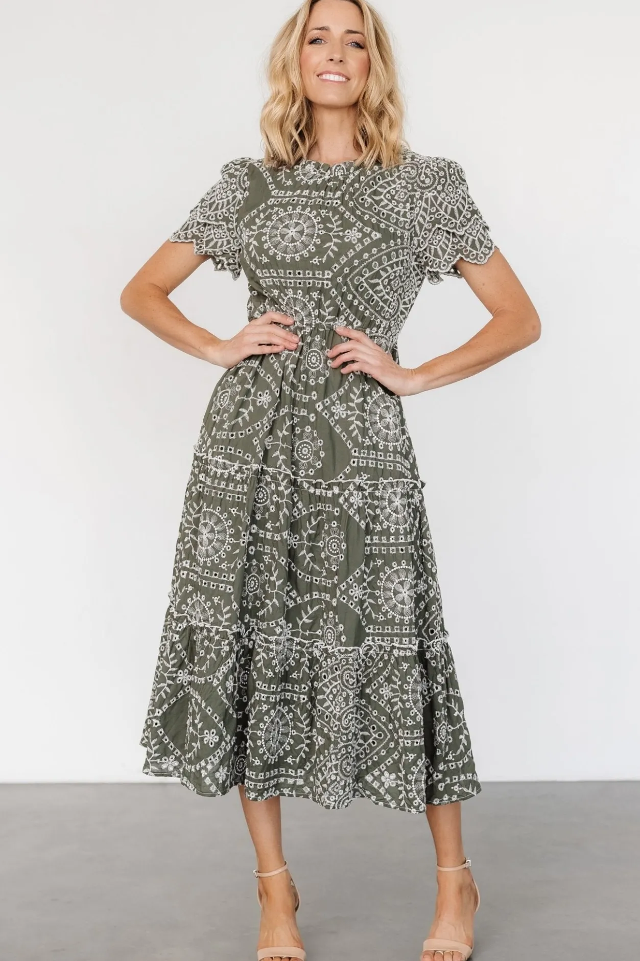 New Baltic Born Mirabel Eyelet Midi Dress | Olive + White Olive+White
