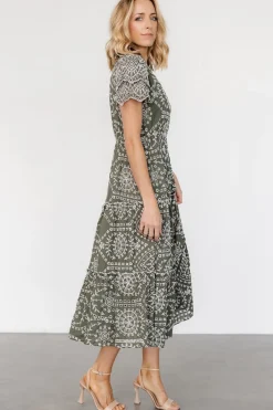 New Baltic Born Mirabel Eyelet Midi Dress | Olive + White Olive+White