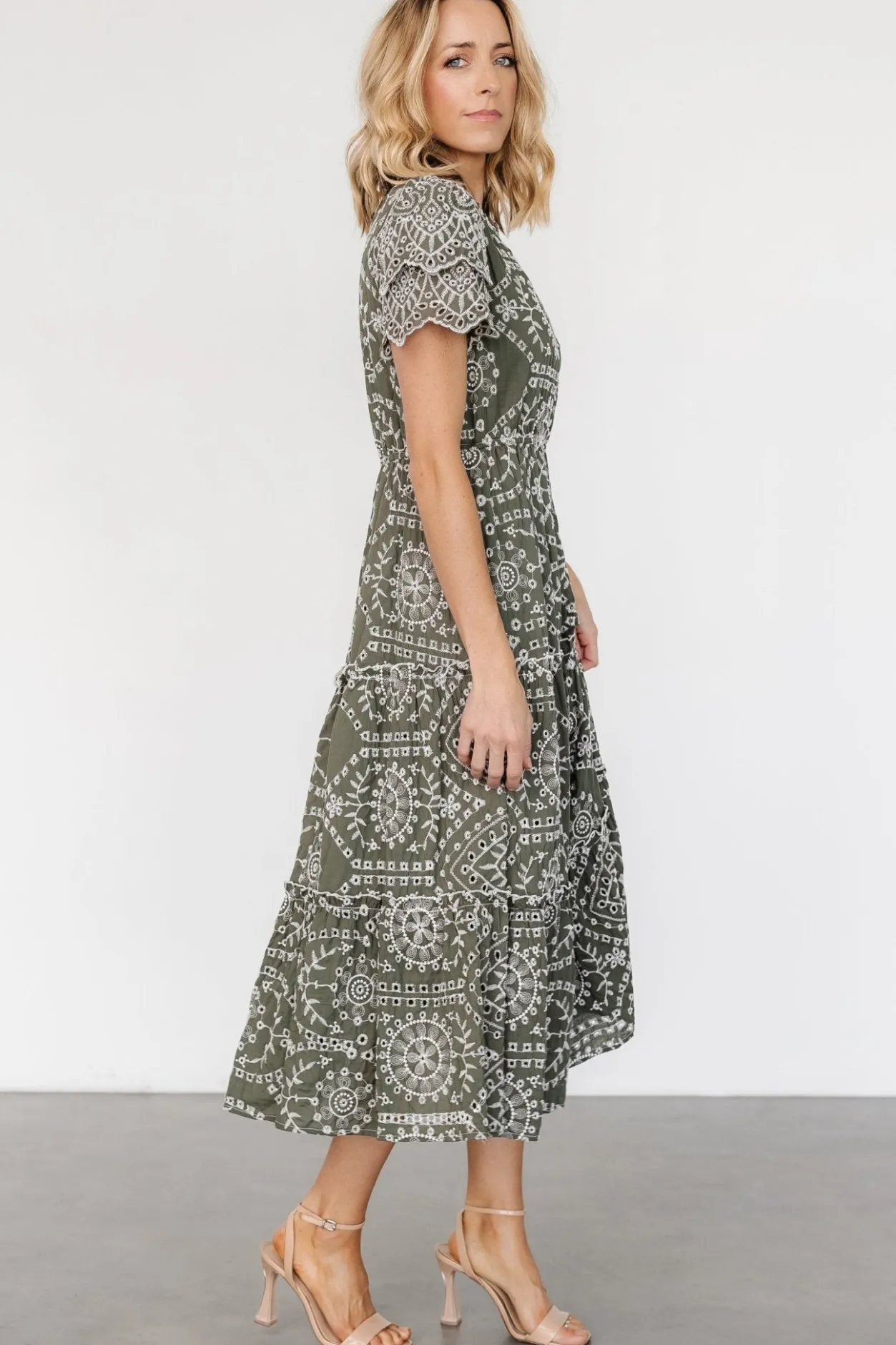 New Baltic Born Mirabel Eyelet Midi Dress | Olive + White Olive+White