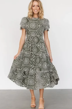 New Baltic Born Mirabel Eyelet Midi Dress | Olive + White Olive+White