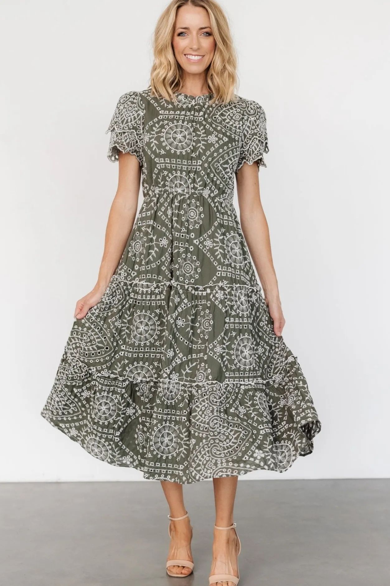 New Baltic Born Mirabel Eyelet Midi Dress | Olive + White Olive+White