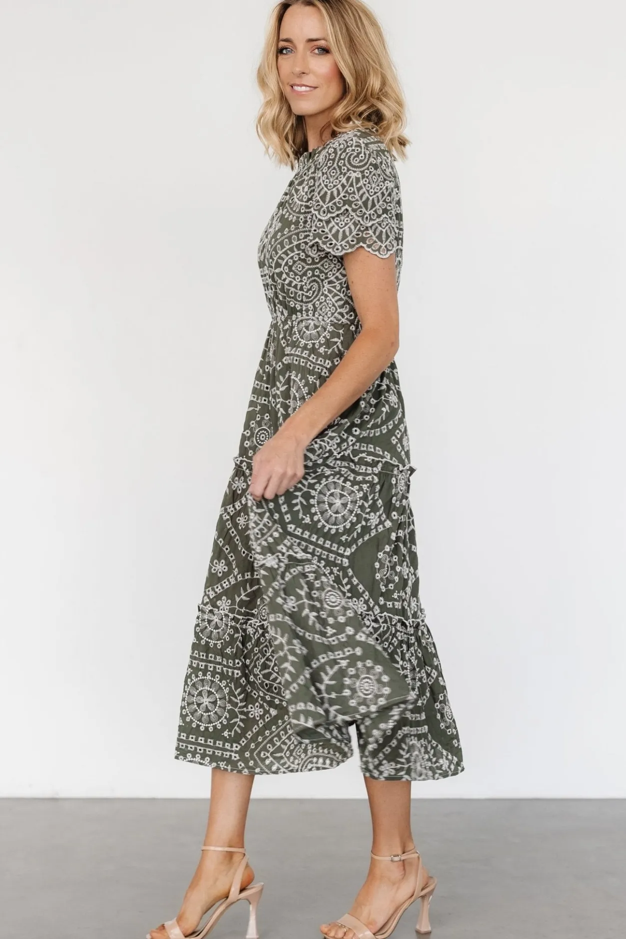New Baltic Born Mirabel Eyelet Midi Dress | Olive + White Olive+White