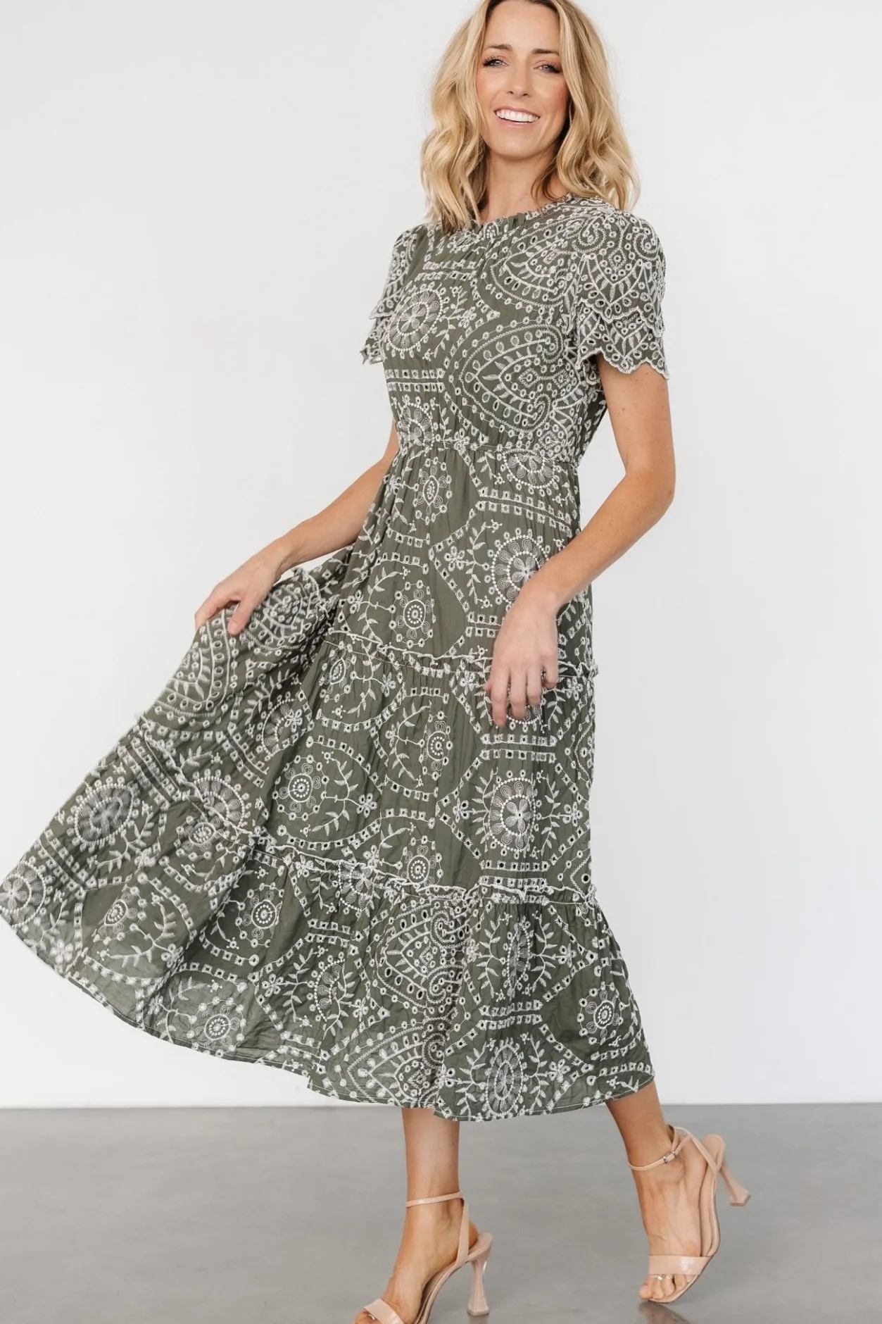New Baltic Born Mirabel Eyelet Midi Dress | Olive + White Olive+White