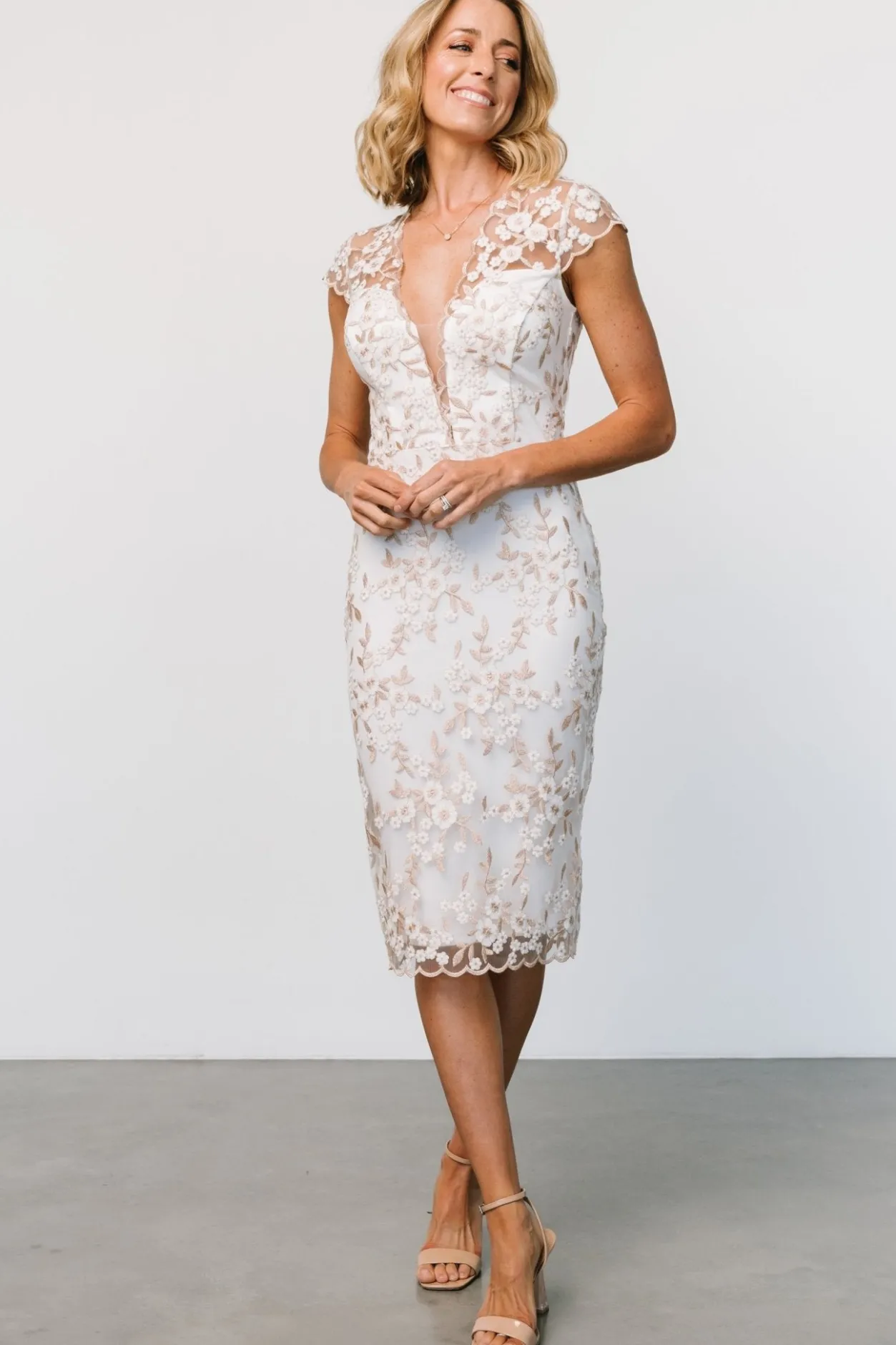 Clearance Baltic Born Monique Embroidered Midi Dress | White + Gold White+Gold
