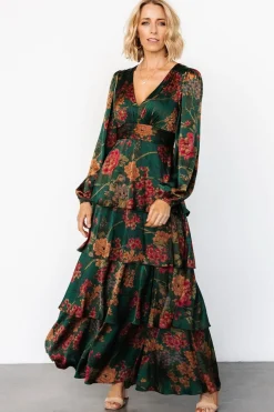 New Baltic Born Montrouge Tiered Satin Dress | Emerald Floral EmeraldFloral