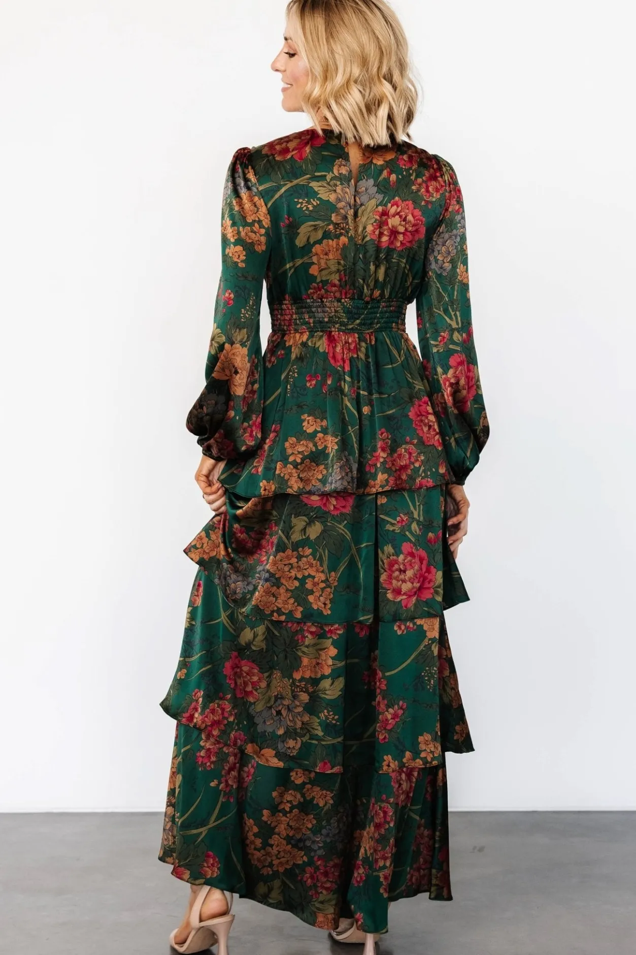 New Baltic Born Montrouge Tiered Satin Dress | Emerald Floral EmeraldFloral