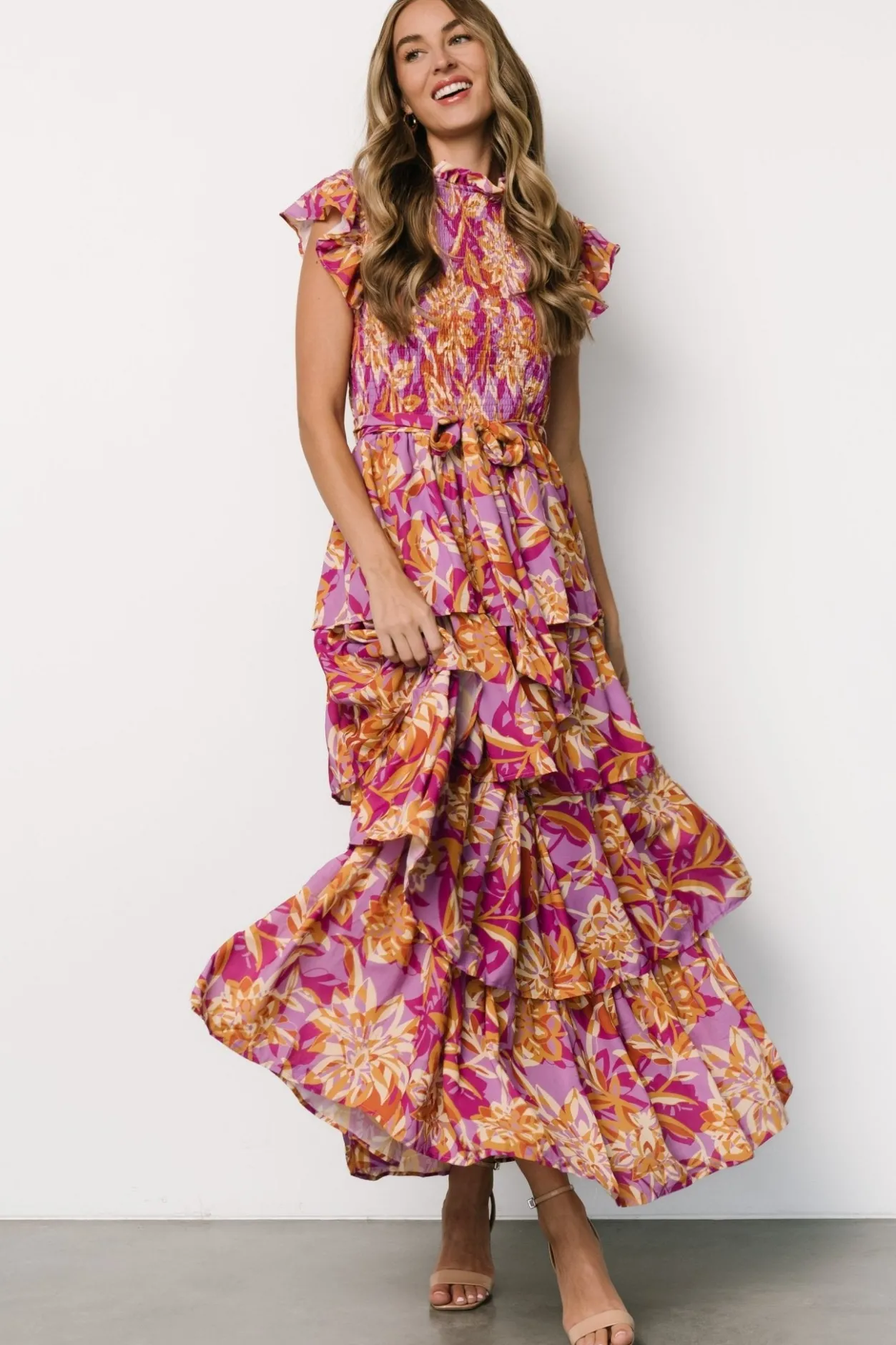Fashion Baltic Born Mya Smocked Maxi Dress | Orchid + Gold Print Orchid+GoldPrint