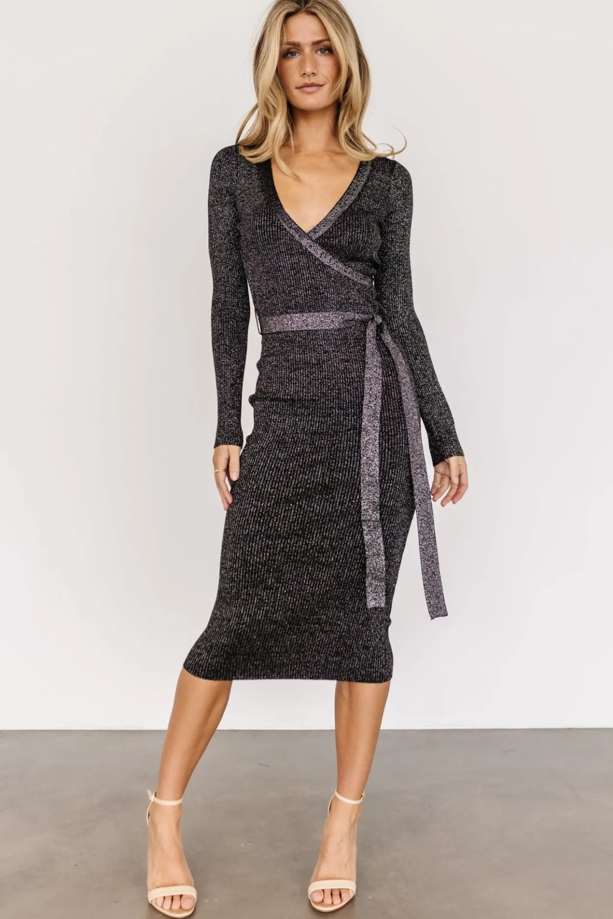 Hot Baltic Born Nancy Ribbed Shimmer Midi Dress | Black