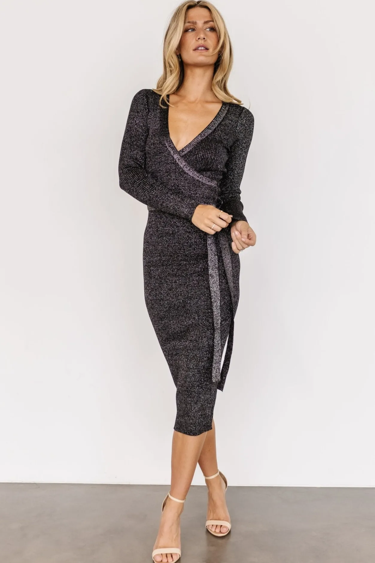 Hot Baltic Born Nancy Ribbed Shimmer Midi Dress | Black