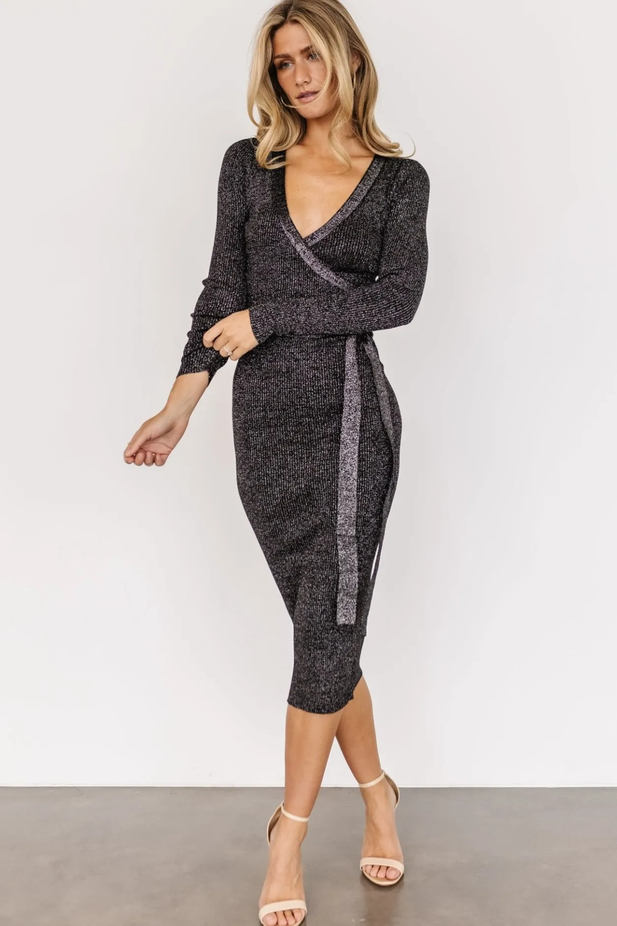 Hot Baltic Born Nancy Ribbed Shimmer Midi Dress | Black