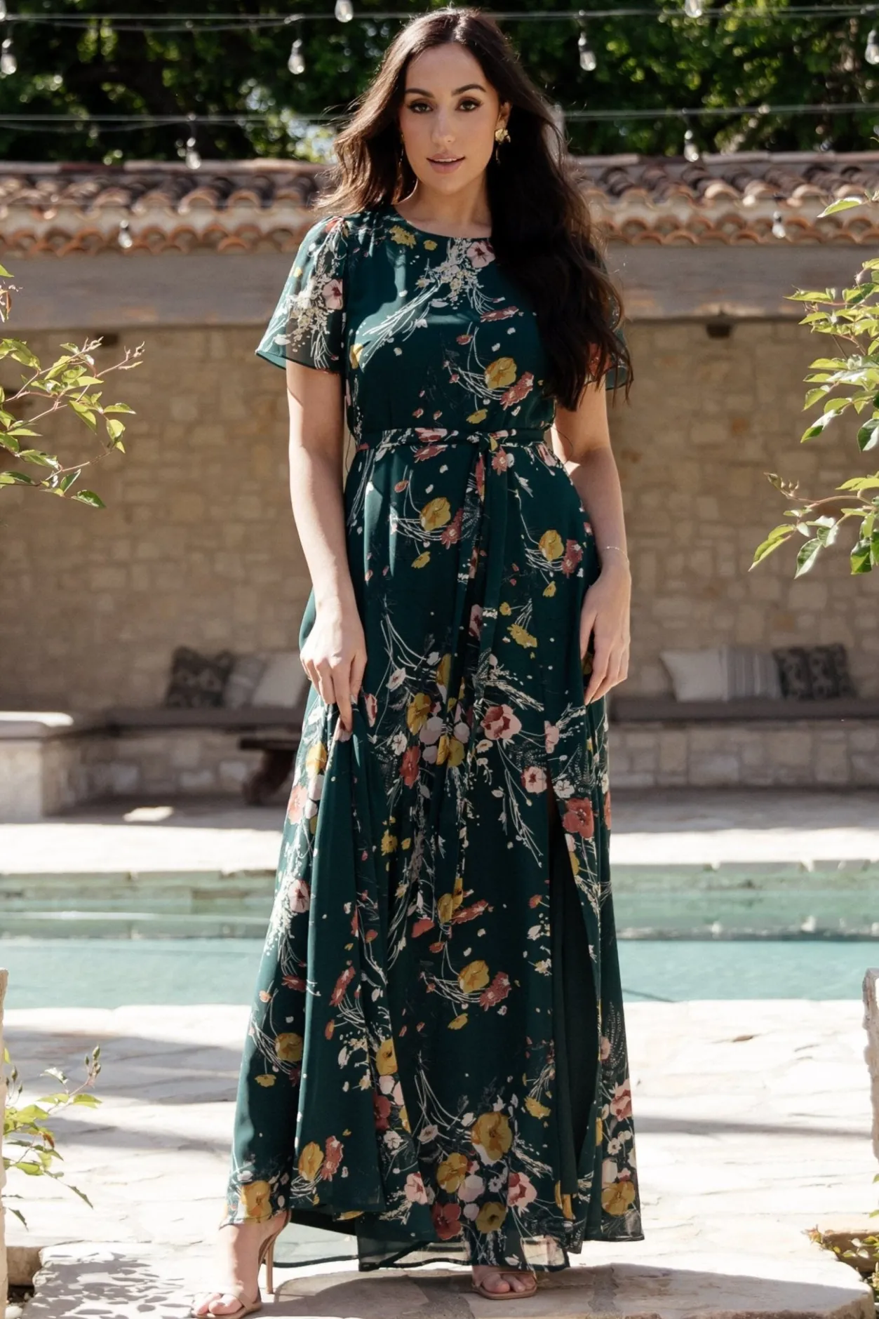 Fashion Baltic Born Naomi Short Sleeve Maxi Dress | Dark Green Floral DarkGreenFloral